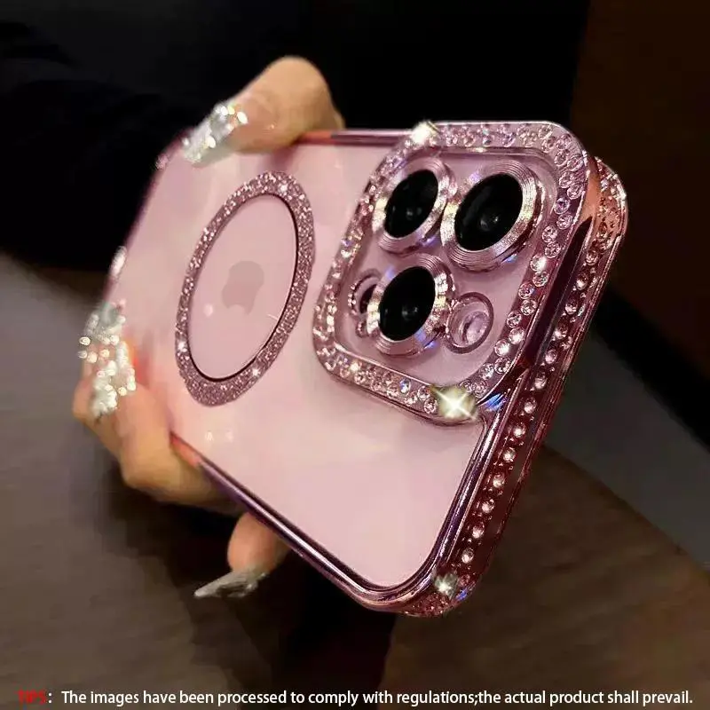 Fashionable Luxury Sparkling Diamond Embellishments Transparent Case for iPhone 11/12/13/14/15/16/17 Pro Max, Magnetic Wireless Charging Shockproof Protective Smartphone Case for Women and Girls