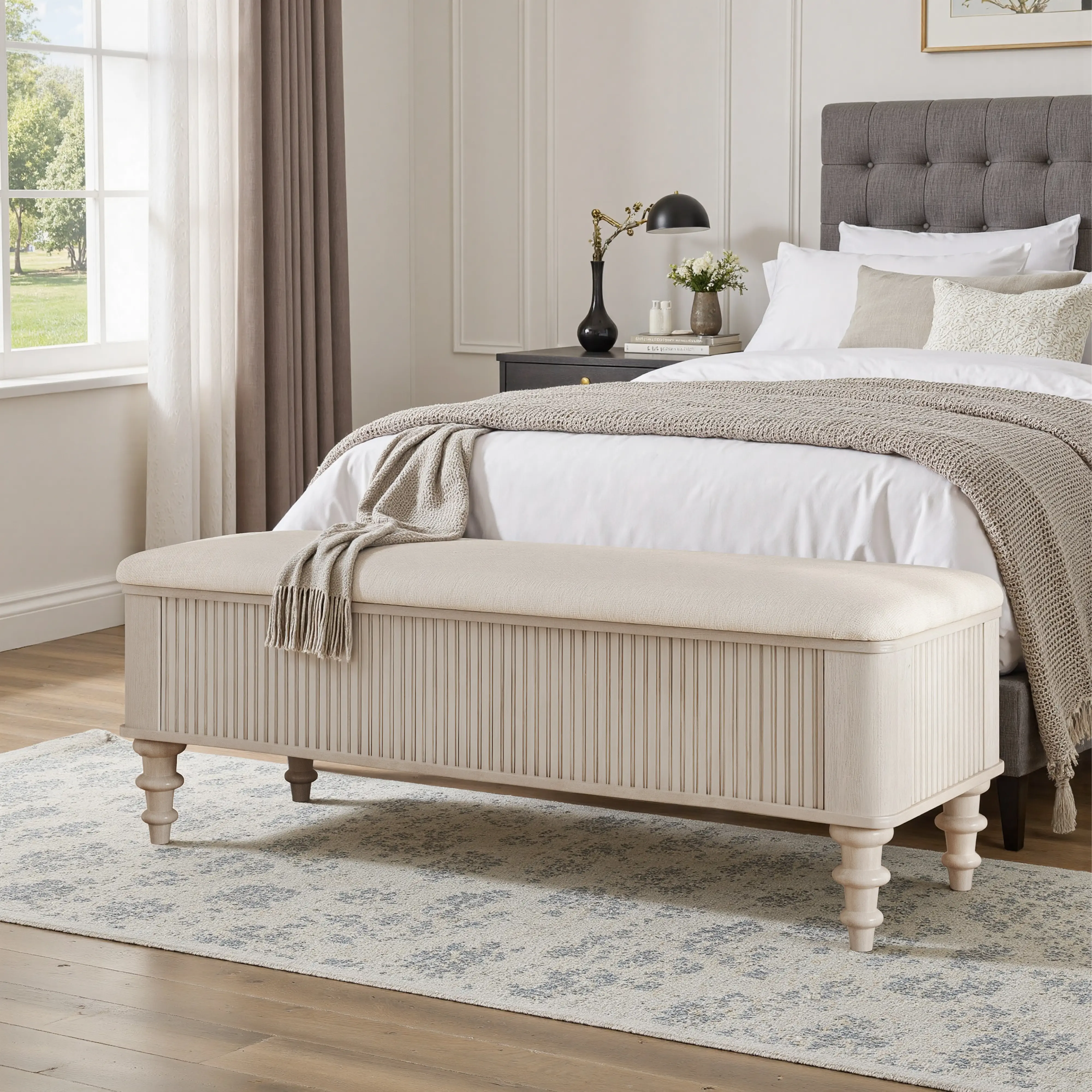 ARCH 50.8-Inch Storage Ottoman Bench with Linen Seat, Solid Rubberwood Bed End Bench, Large Hidden Storage, Shoe Organizer Bench for Bedroom Entryway Living Room Closet, Beige, 300 lbs Capacity, Beige Color Options, Rubber Wood Material