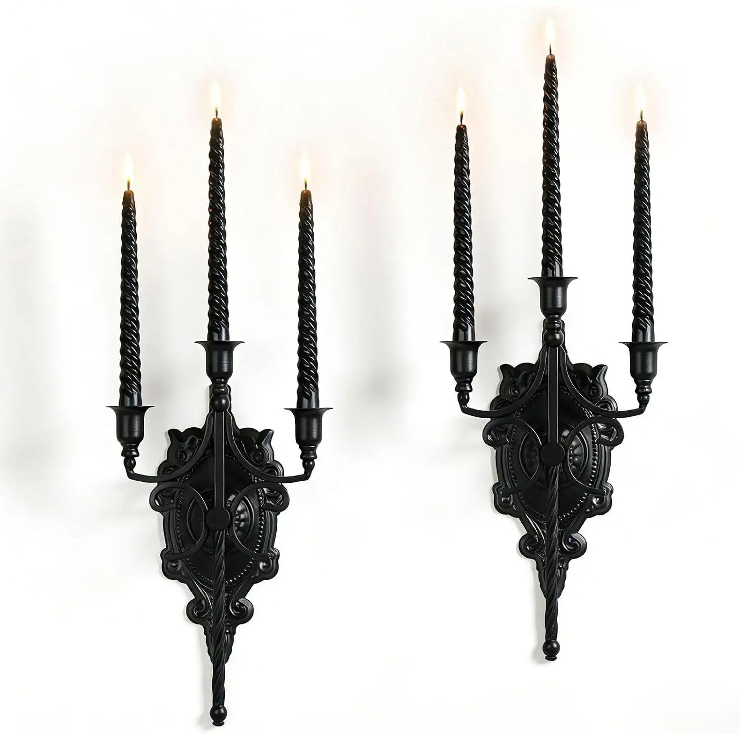 3-Arm Gothic Wall Sconce Set of Two, Victorian Metal Candle Holder for Taper Candles, Wrought Iron Fleur-de-Lis Wall Mounted Candelabra with Vintage Backplate, Black Antique Iris Decor