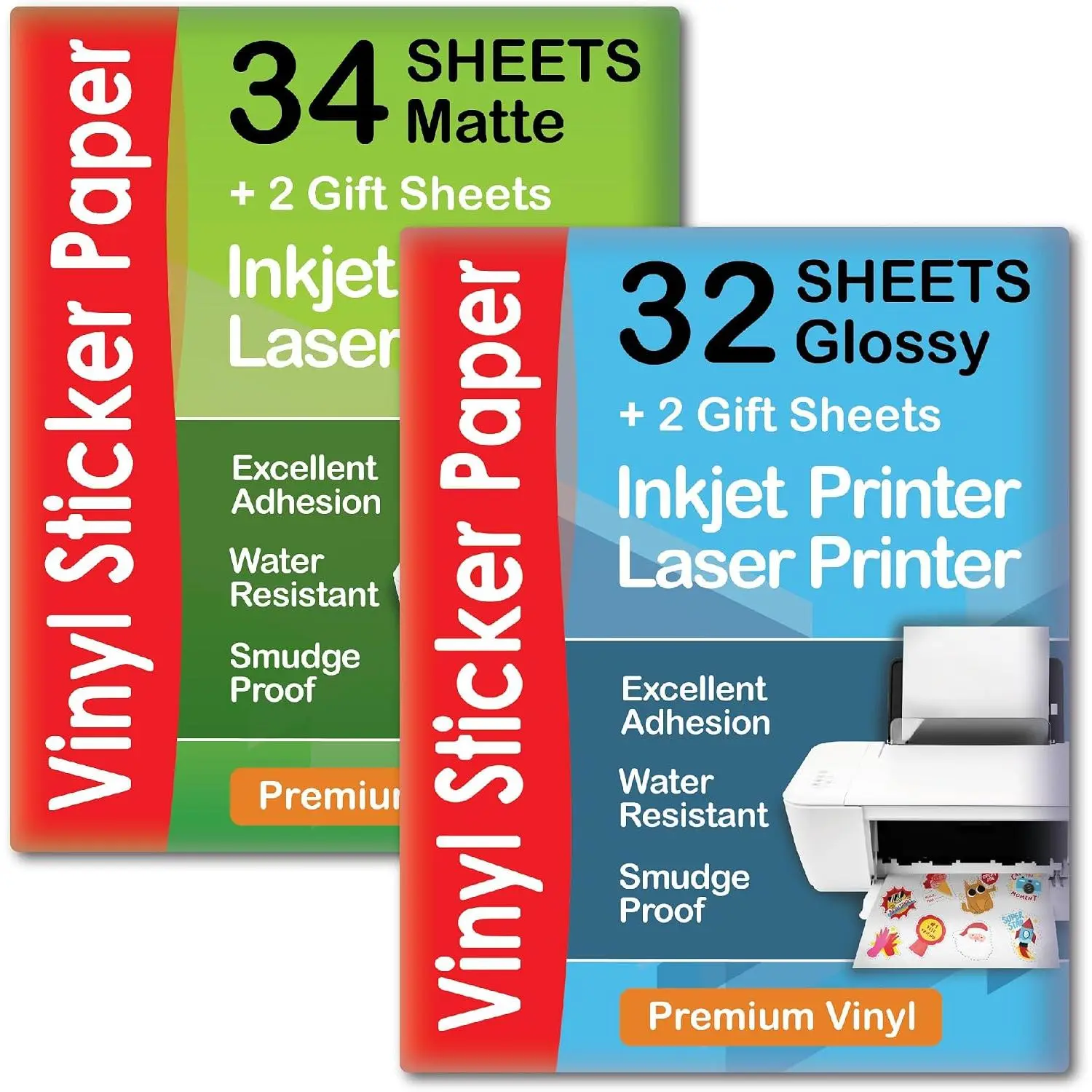 Printable Vinyl Sticker Paper Matte for Inkjet Printer 34 sheets +  Printable Vinyl Sticker Paper Glossy for Inkjet Printer 32 sheets for DIY projects| by