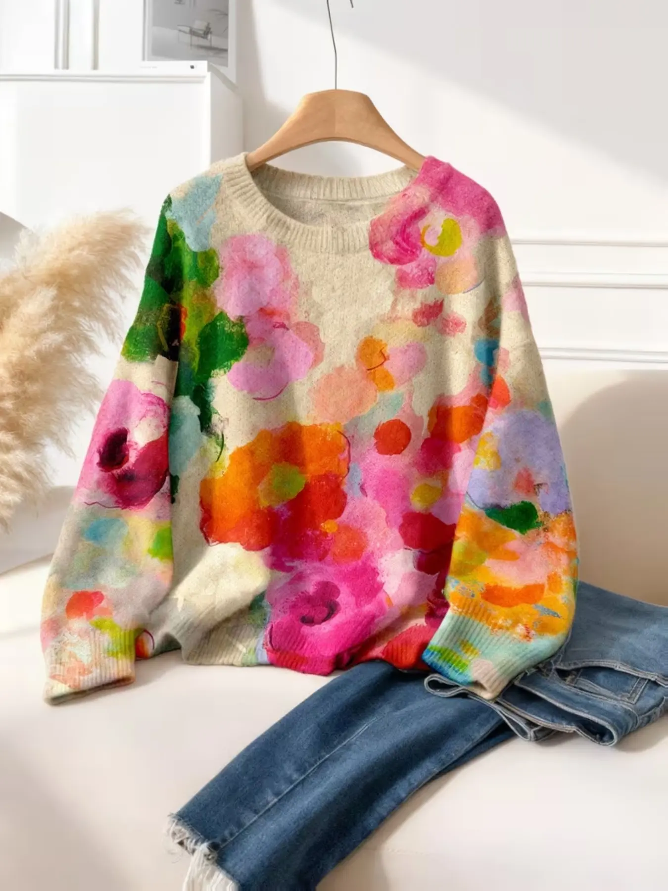 Women's Long Sleeve Round Neck Sweater, 2D Colorful Floral Graffiti Print, Gradient Retro Style, Comfortable All Season Top, Elegant Casual Wear