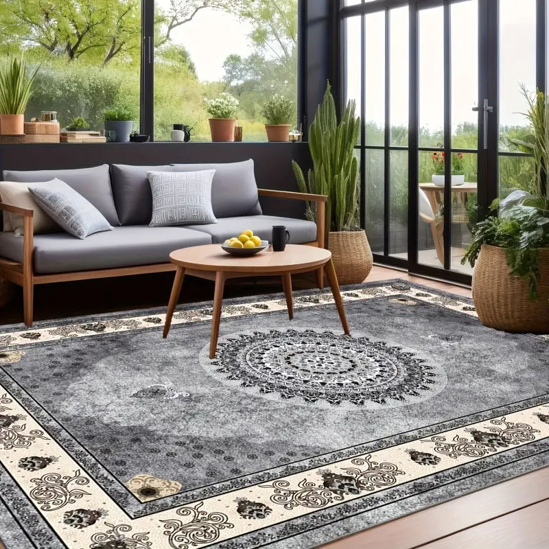 1pc Gray & Beige Distressed Persian Velvet Rug, Non-Slip Washable Vintage Medallion Traditional Oriental Area Carpet for Living Room Bedroom Dining Room