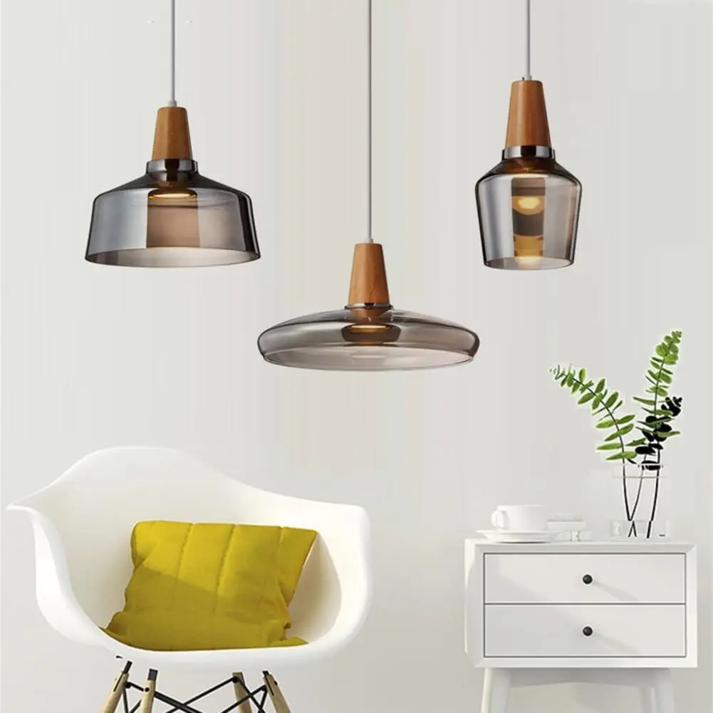 Nordic Smoke Glass Pendant Light, Ceiling Mounted, Solid Wood Frame, Adjustable Chain Height, Ideal for Kitchen Island, Dining Room