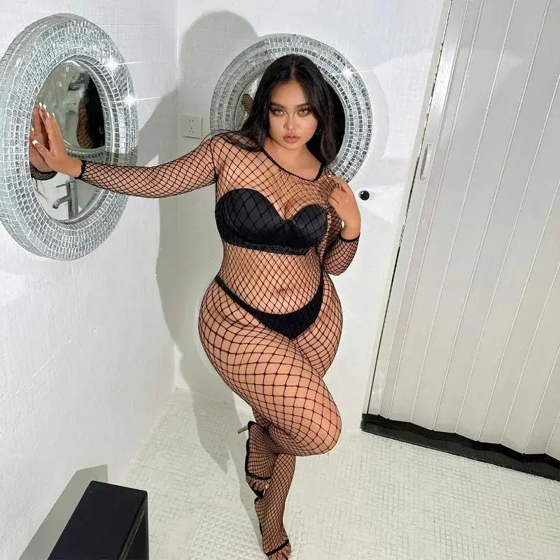 Plus Size Open Crotch Fishnet Bodysuit – Stretch One Piece Mesh Lingerie for Women