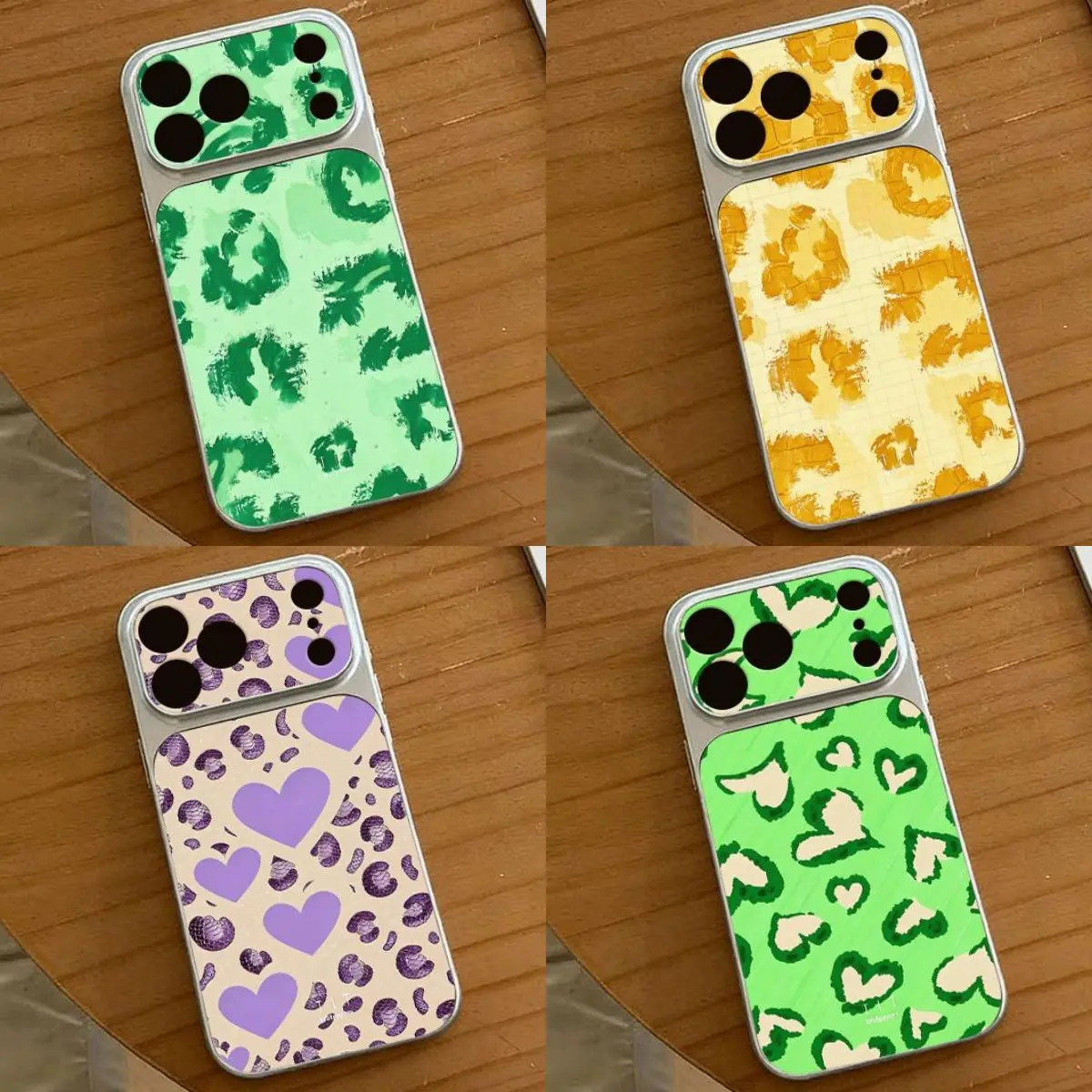 Multicolor Leopard Print Phone Skin for iPhone 11-17 Pro Max with Heart Motifs Trendy Y2K Aesthetic Slim Vinyl Wrap Cute Gift for Women Fashion Accessories