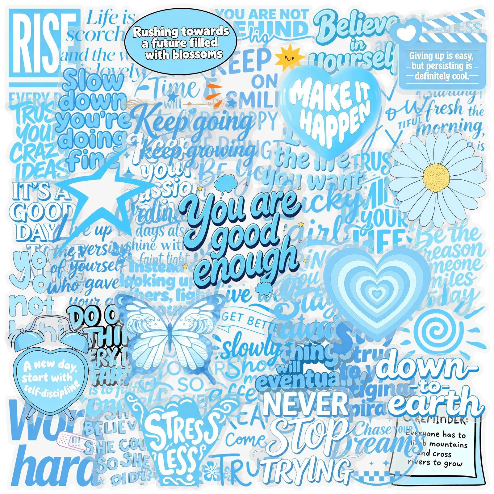 50pcs Blue Summer Inspirational Transparent PET Office Stickers Sticker Decals/Notebook Stickers Decal Set, High-Value Gifts for Decorating Journals, Scrapbooks, Computers, Water Bottles, Cars, Etc.