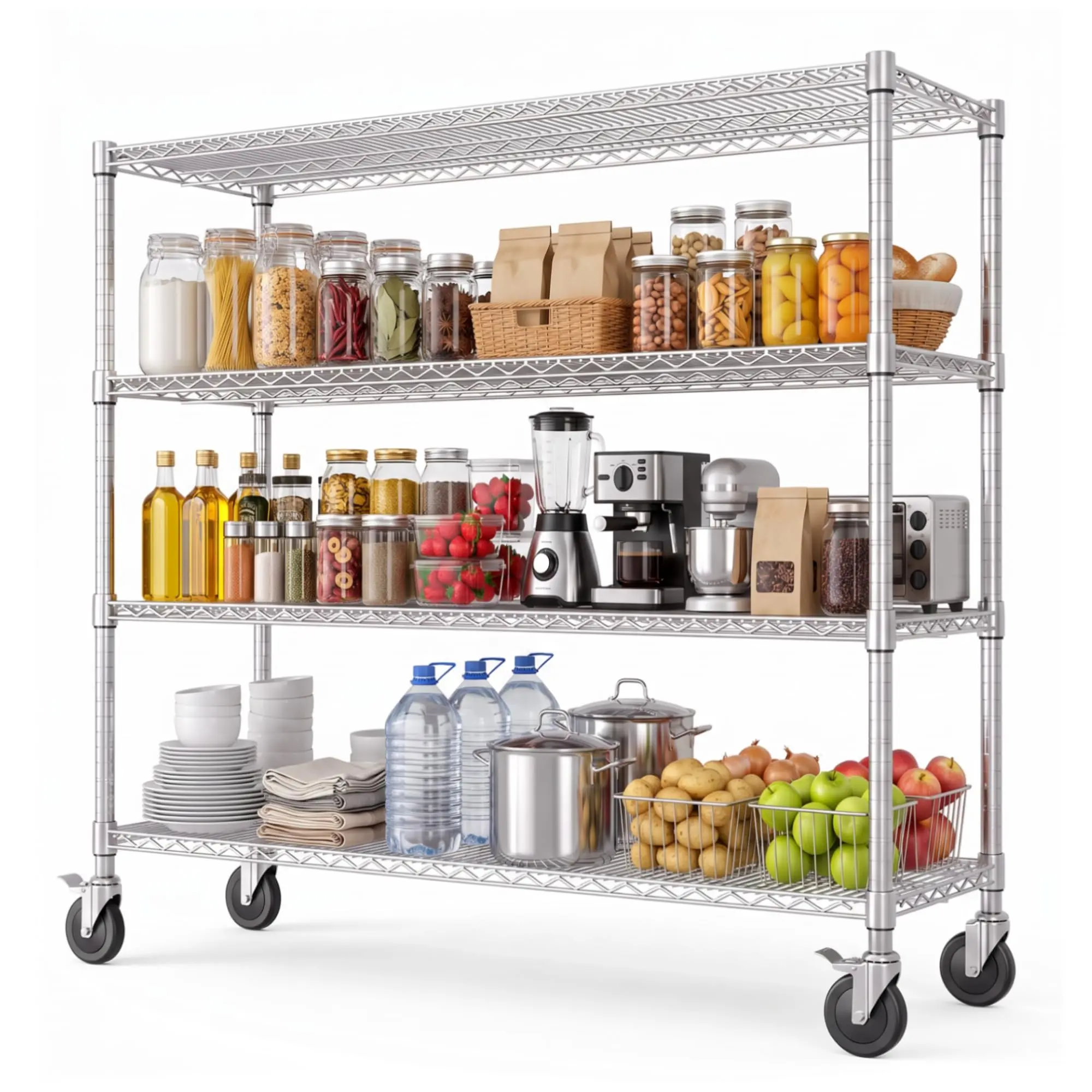 Heavy Duty Steel Storage Shelf Rack with Wheels - Chrome Metal Wire Organiser, Rolling Mobile Tool & Household Storage Unit for Garage, Kitchen Organization