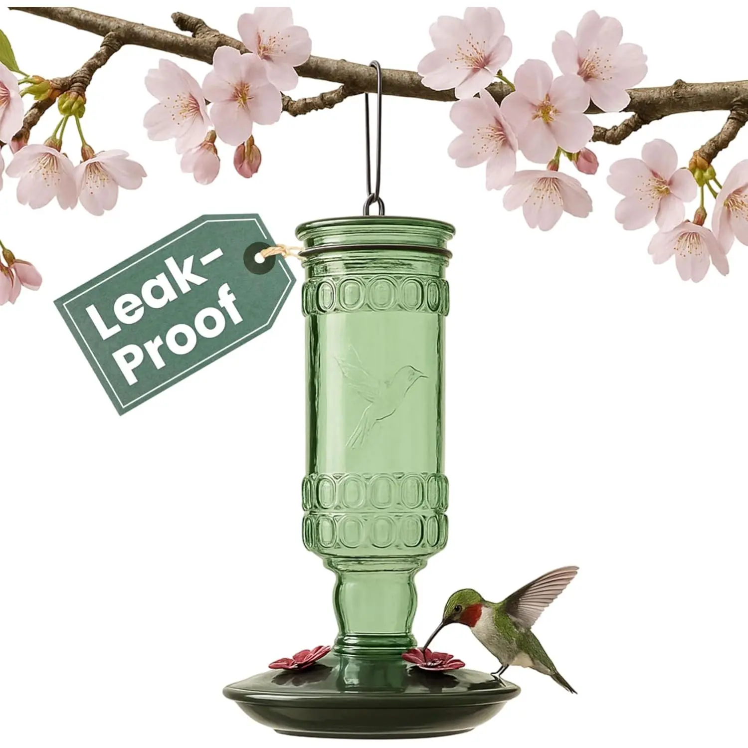 Glass Bottle Hummingbird Feeder - Outdoor Garden Décor Humming bird Feeder, 8108-1SR - 10 Fl Oz Nectar Capacity - Durable Green Antique Design - Hang from Tree, Porch, Deck, Hook