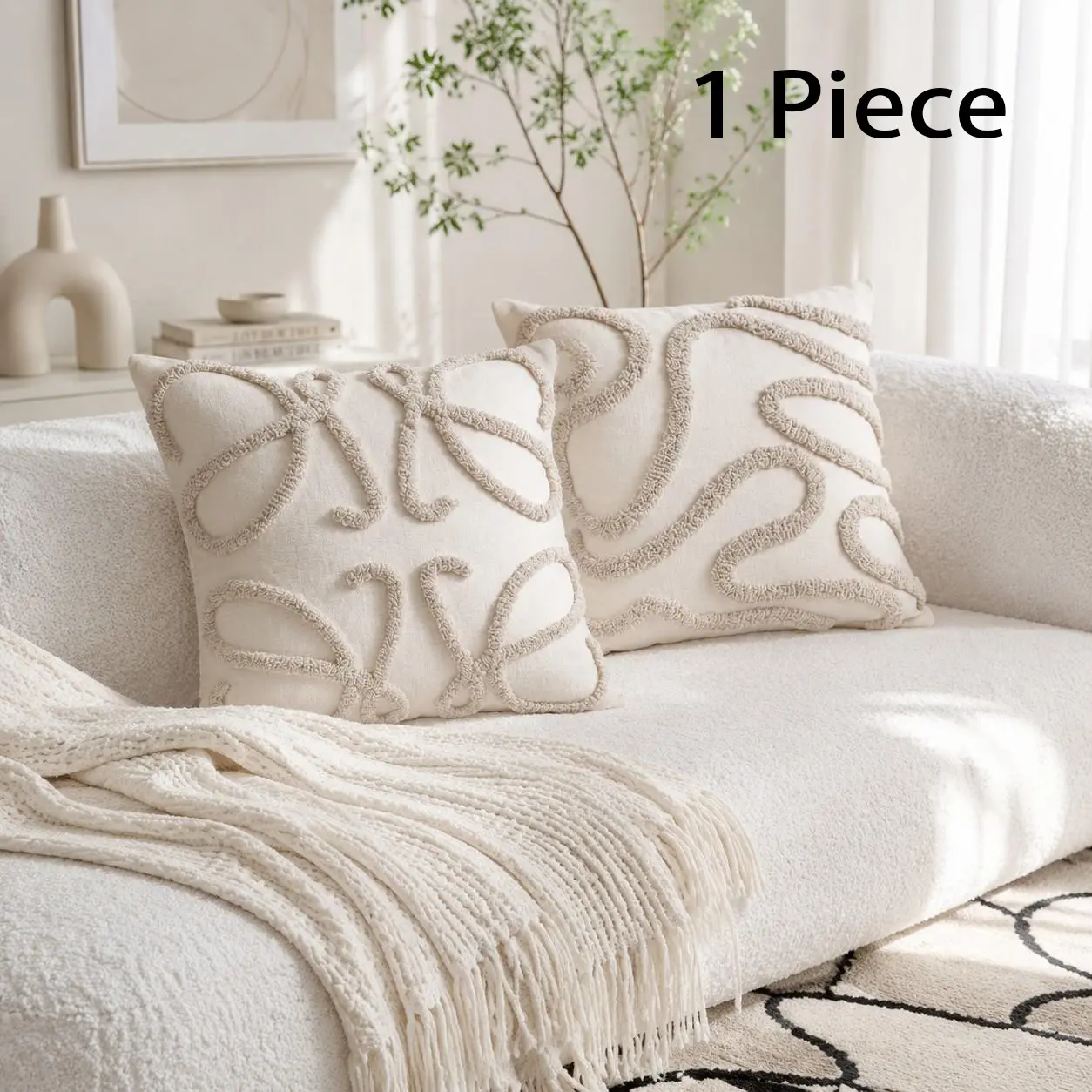 Neutral Cream Color Tufted Butterfly Wave Line Pillow, Textured Ring Decorative Sofa Cushion, Bohemian Minimalist Home Decor for Living Room Bedroom