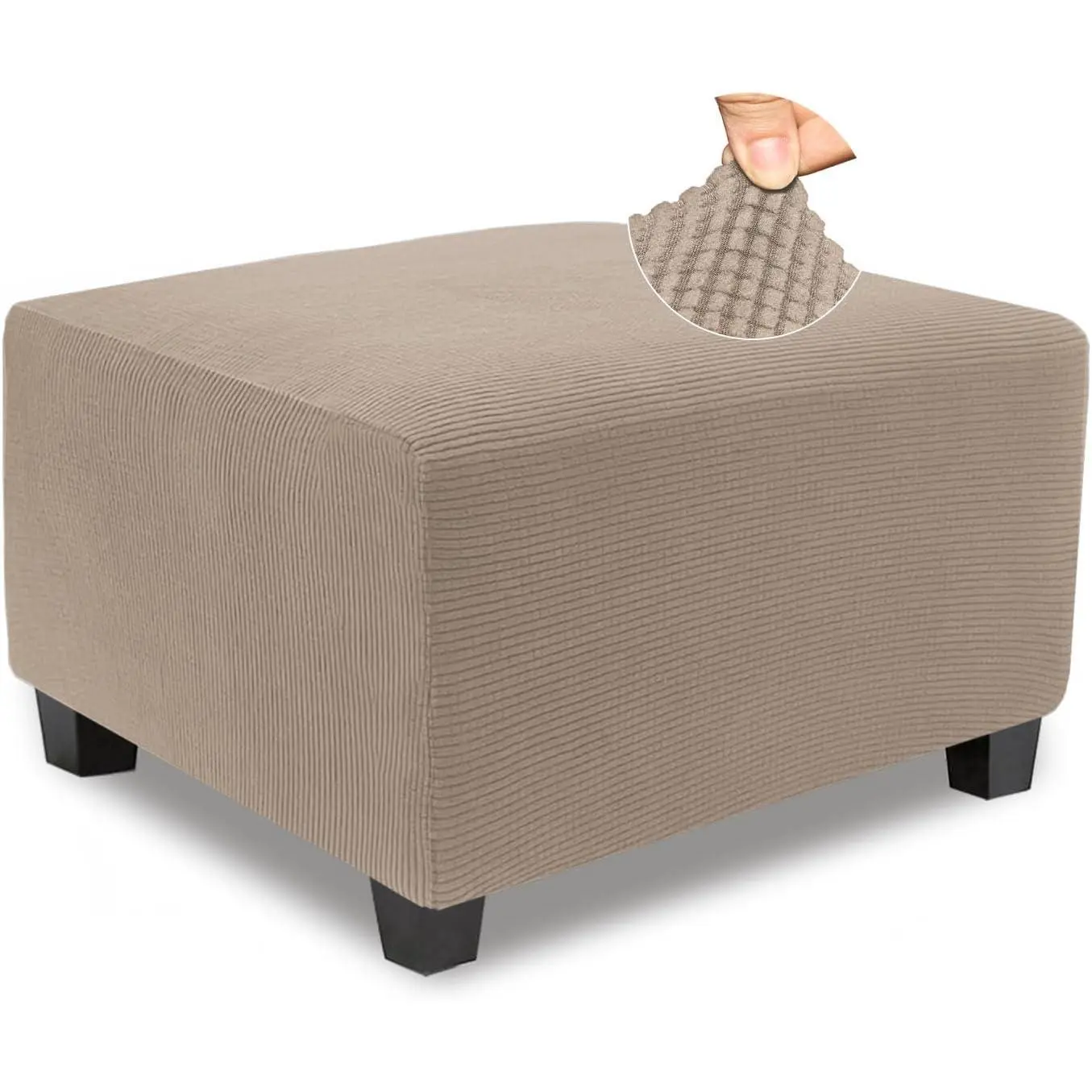 Stretch Ottoman Cover Square Soft Knitted Jacquard Washable Thick Storage Foot Stool Cover for Square and Rectangle Ottomans Khaki Large