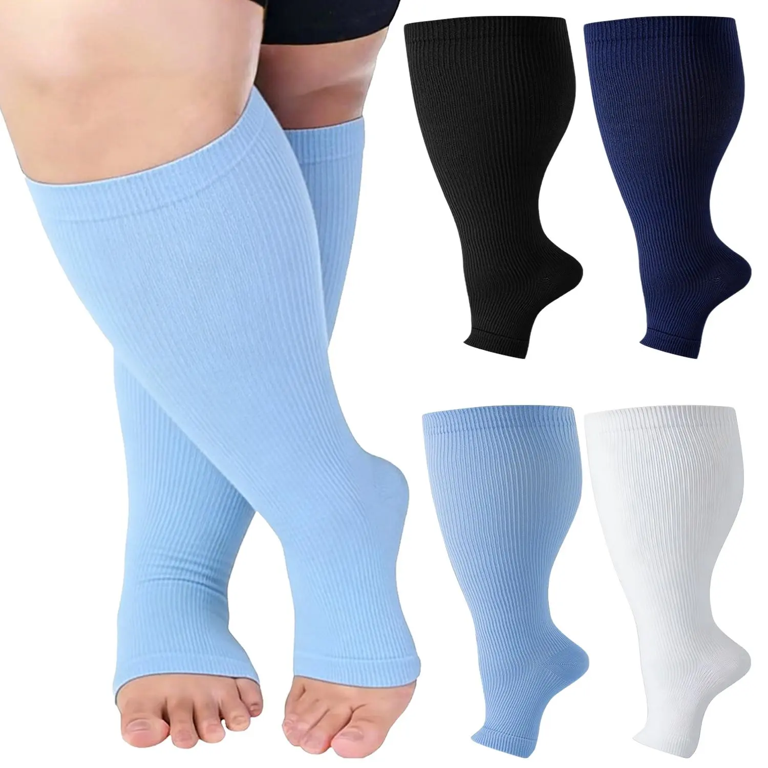Plus Size Open Toe Compression Socks for Men and Women, 15-20mmHg, Wide Calf Knee High Toeless Stockings, Graduated Compression, Relief for Edema, Varicose Veins & Circulation Protection sport ankle comfortable athletic summervibes