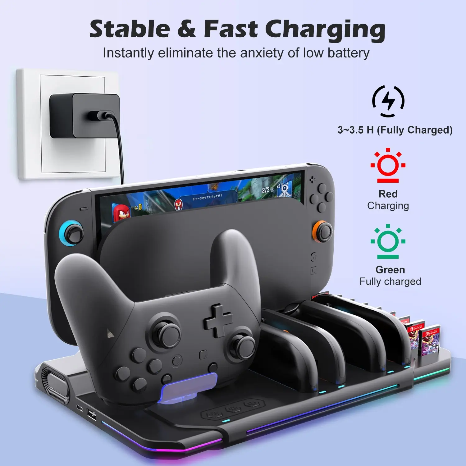 Multi-Functional Stand for Switch 2, Console Accessories, Controller Charging Station, Supports Cooling and Wireless Controller Charging, 10 Game Card Slots, USB Expansion Port