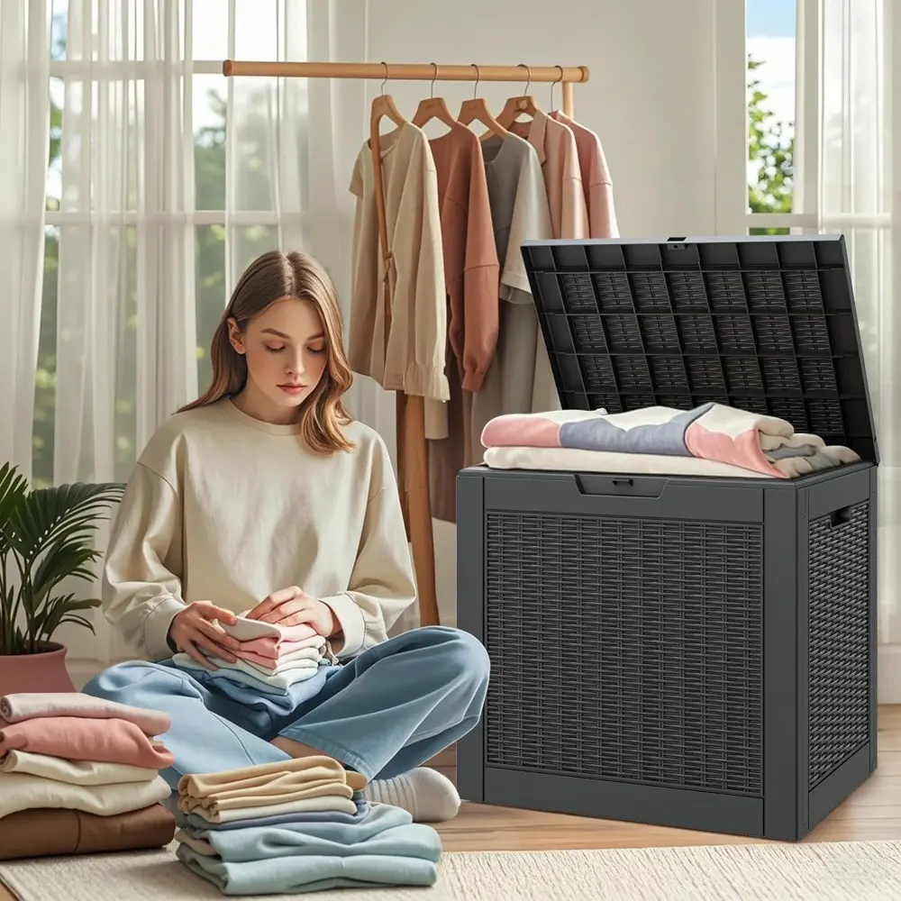 Outdoor Storage Box, Resin Deck Boxes Indoor and Outdoor, Waterproof Storage Box Lockable Lid, Waterproof Resin Outdoor Storage Bench for Furniture, Garden Tools & Pool Accessories (Black-light Brown), Box,Cabinet,Rack for Outdoor Storage