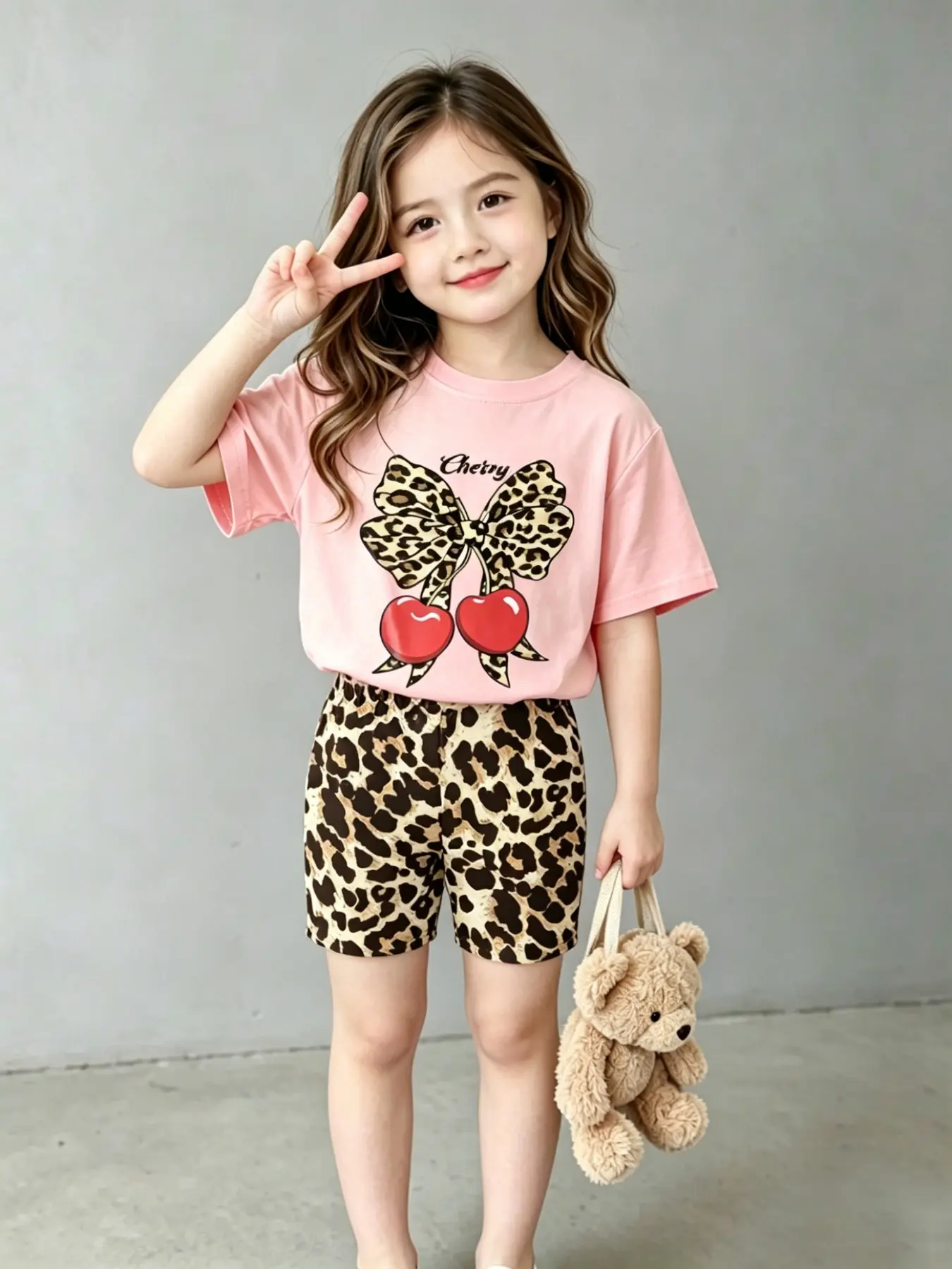 Sweet Cool Leopard Print Girls' Fashion Two-Piece Set, Cherry and Leopard Combo, Casual Summer, Comfortable Elastic Waist Pants, Ages 4-12