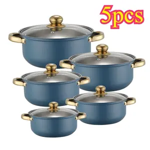 This 5-piece stainless steel cookware set includes 5 cookware and 5 pot lids with gold handles. Suitable for induction cooktops and outdoor camping, safe to place in the dishwasher—an ideal choice for healthy cooking
