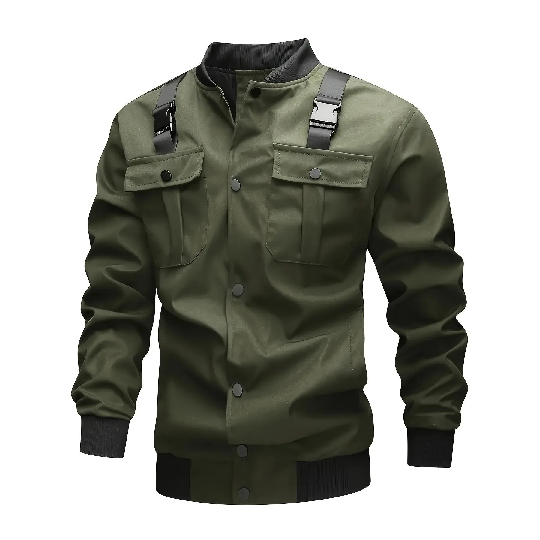 Men's Tactical Cargo Jacket Buckle Strap Chest Pockets Stand Collar Snap Button Bomber Coat Military Casual Outerwear Streetwear Male Fashion Clothing cozy soft cool clean chic active sporty casual premium classic stylish durable long sleeve menswear top