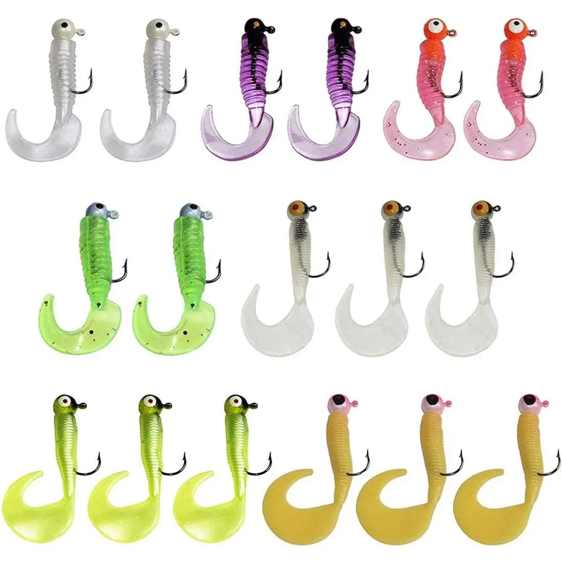 17-Piece Multi-Size Synthetic Soft Fishing Lures Kit with Curved Tail Jig Hooks, Curly Grubs, Tube Baits & Swimbaits for Bass, Trout Attraction – Saltwater & Freshwater Fishing Gear