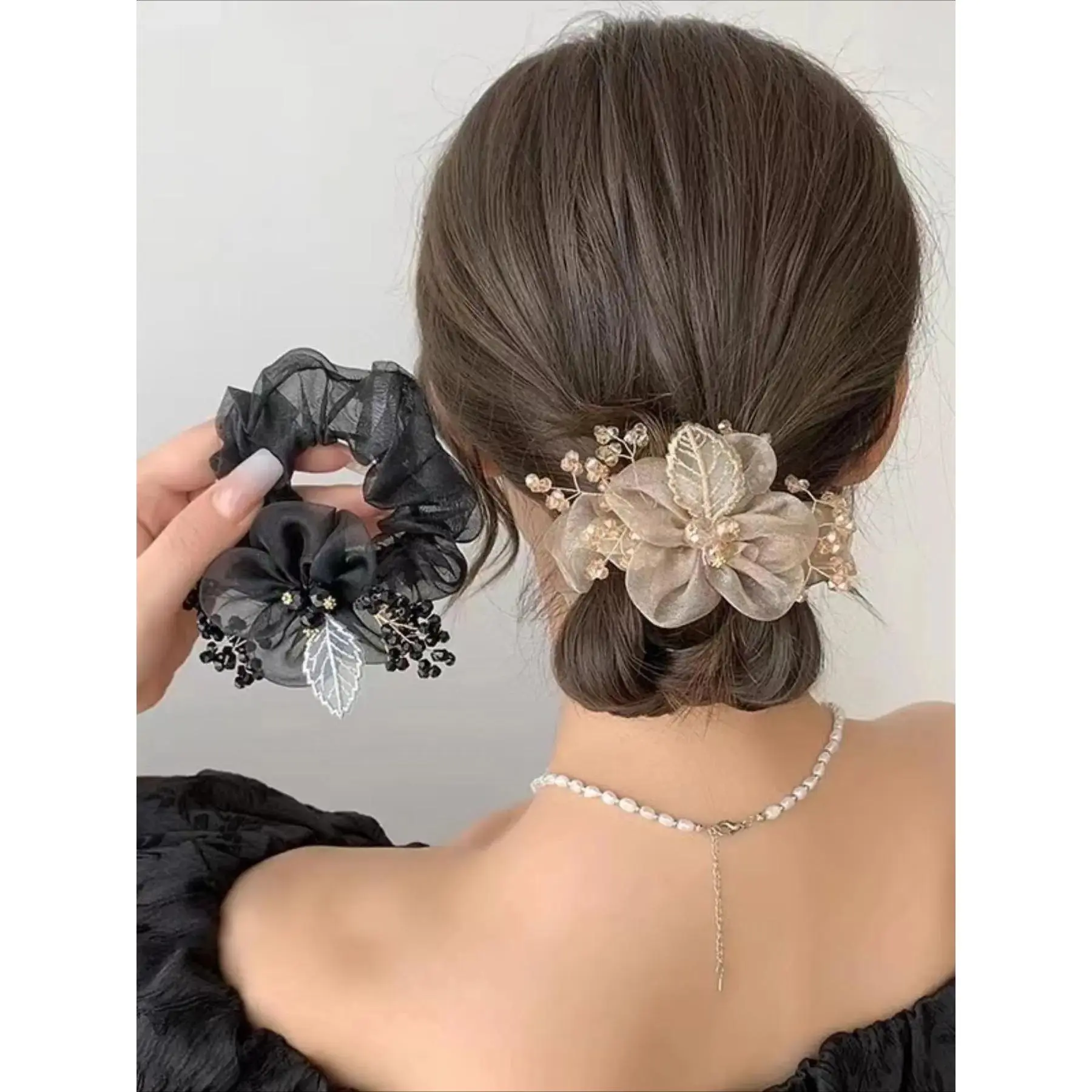 Vintage Embroidered Mesh Hair Scrunchies 2 Pack, Floral Leaf Hair Ties for Women & Girls, Soft Stretchy Scrunchies for Thick Hair, Cute Aesthetic Ponytail Holder for Daily Wear, Work, Party & Travel