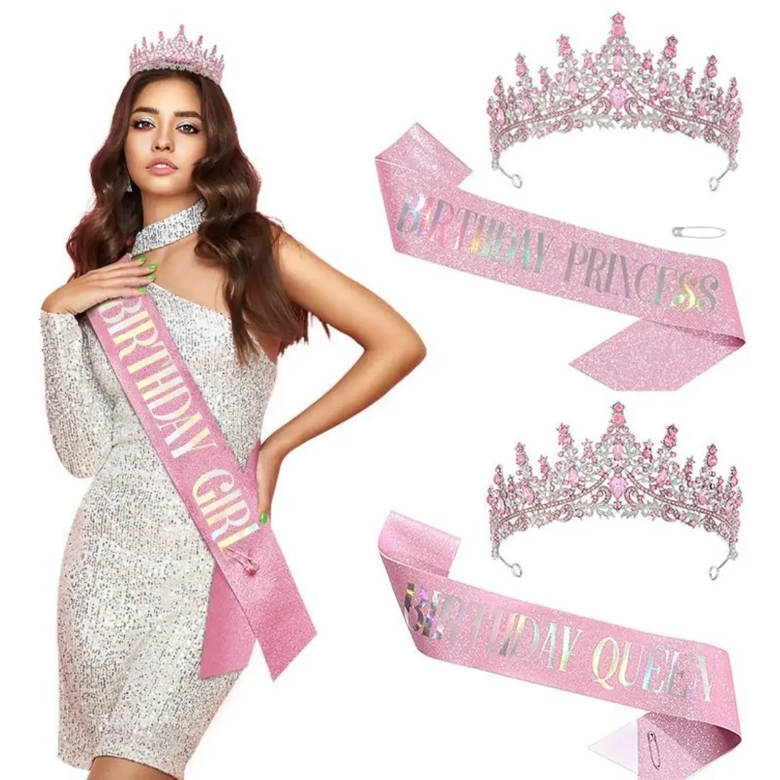 Women's 2-Piece Birthday Crowns & Sash Set - Glitter Tiara with Elegant Crown Design, Party Wear Accessory for Photoshoot, 16th/18th/21st Birthday Celebrations & Gifts