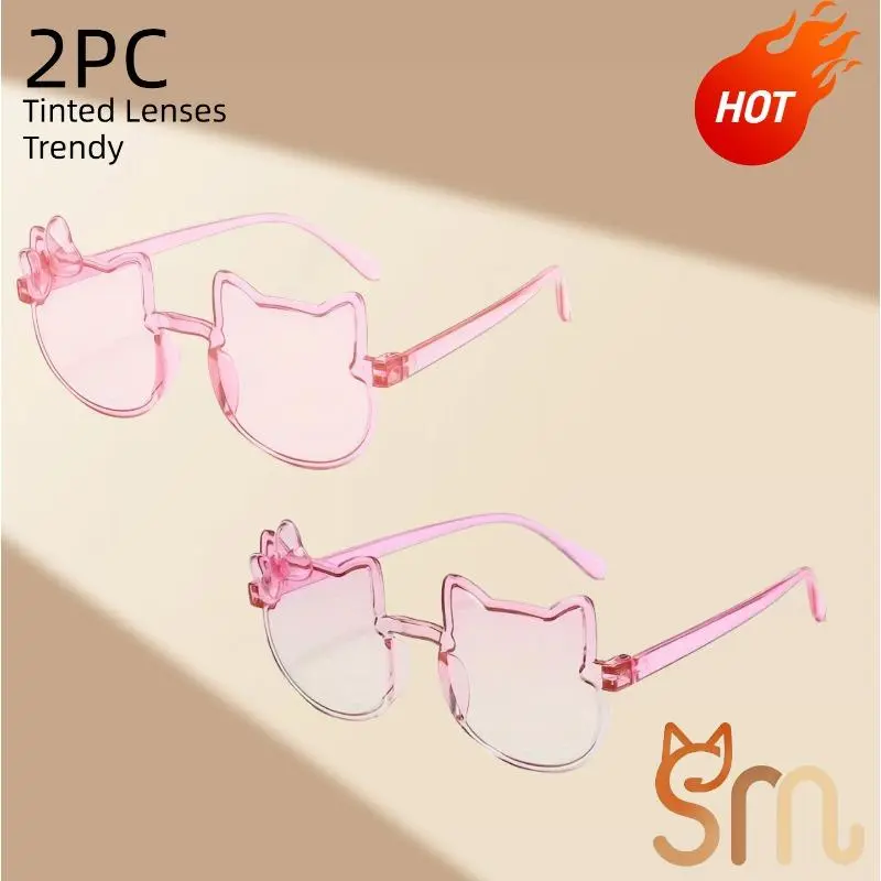 Stylish Safe Toddler Eyewear, 2-Pack Kids' Cat-Ear Sunglasses with Full Rim Polycarbonate Frames, Soft Silicone Arms, UV400 Sun Protection, No-Pinch Design for Beach, Plain