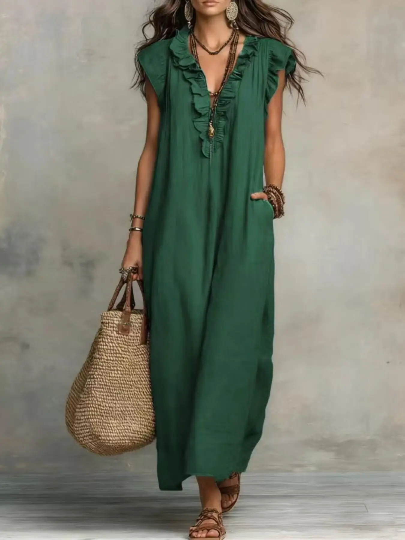New 2026 Spring Summer Loose Sleeveless Ruffled Bohemian Dress for Women, Long Maxi Dress, Casual Wear, Boho, Perfect for Warm Weather