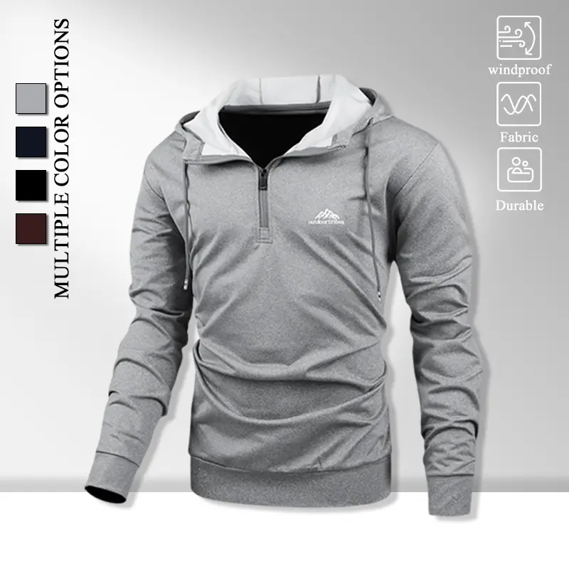 Multi Color Mens Solid Heather Half Zip Hooded Pullover, Chest Tiny Mountain Logo Soft Breathable Fabric Sweatshirt for Teen & Adult Outdoor Sports Activities