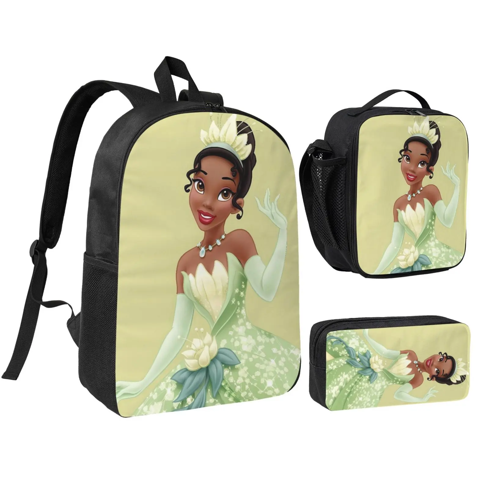 Unisex Princess Tiana1 3Pcs Anime Backpack Set for Teen Boys Girls, Adjustable Strap School Bookbag with Insulated Lunch Bag & Pencil Case, Lightweight Daypack for School Travel Office
