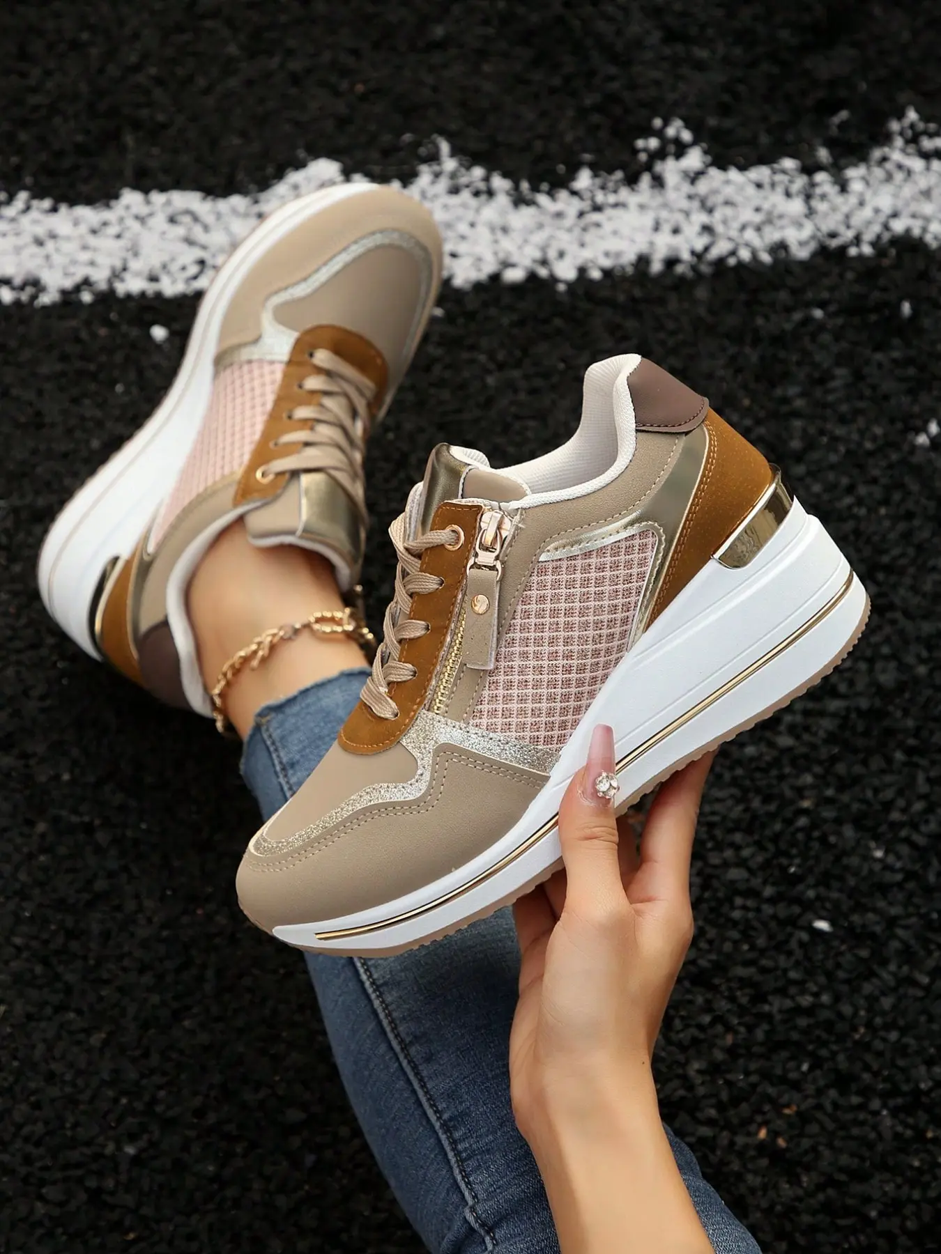 Women's Milk Tea Color Mesh Patchwork Sneakers, Side Zipper Platform, Hidden Wedge, Casual Walking Trainers, All Seasons