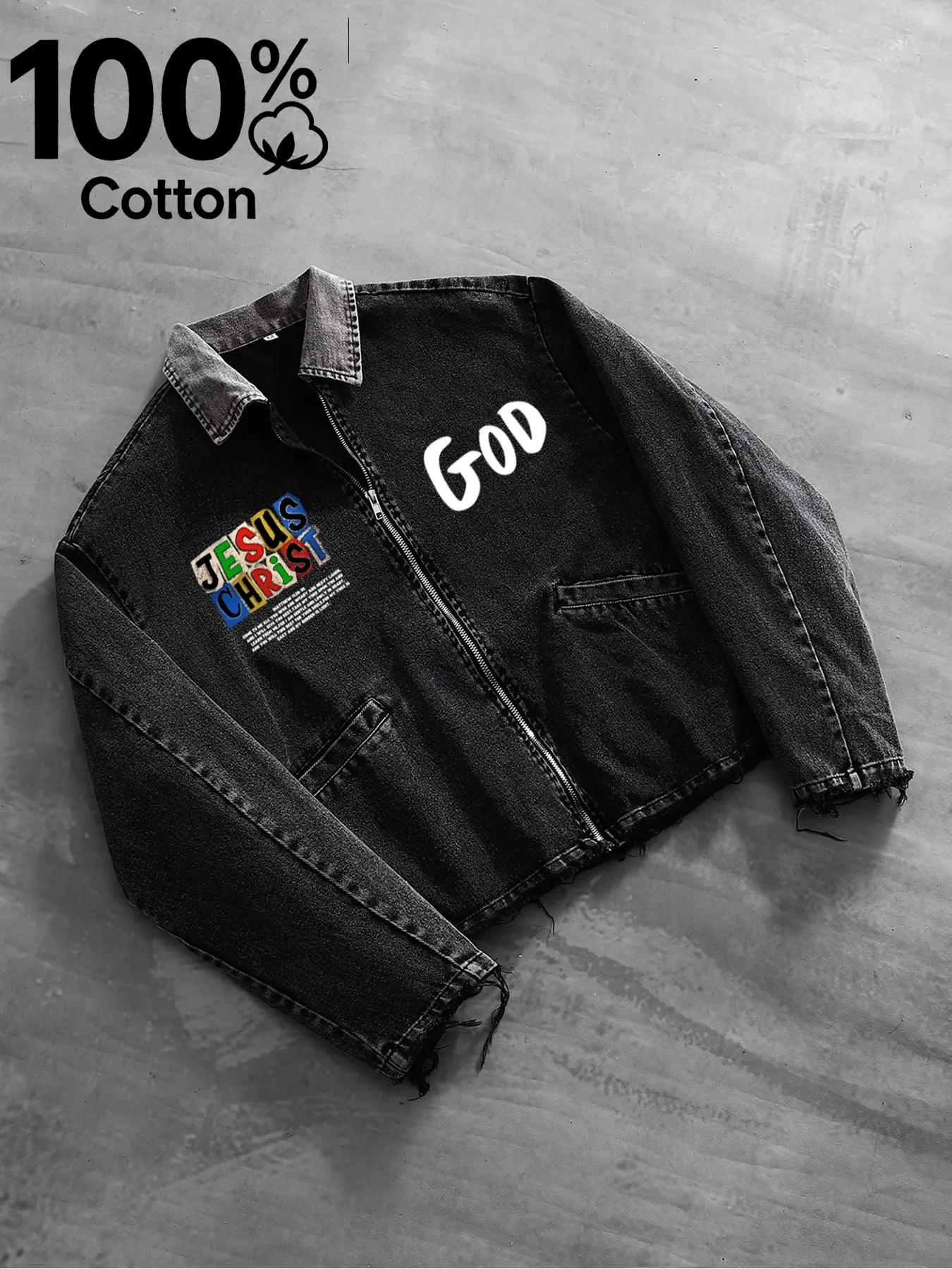 Men's Vintage Denim Jacket, American Retro Faith Style, Jesus Christ Print, God Letter Pattern, Cotton Fabric, Casual Outerwear, Distressed