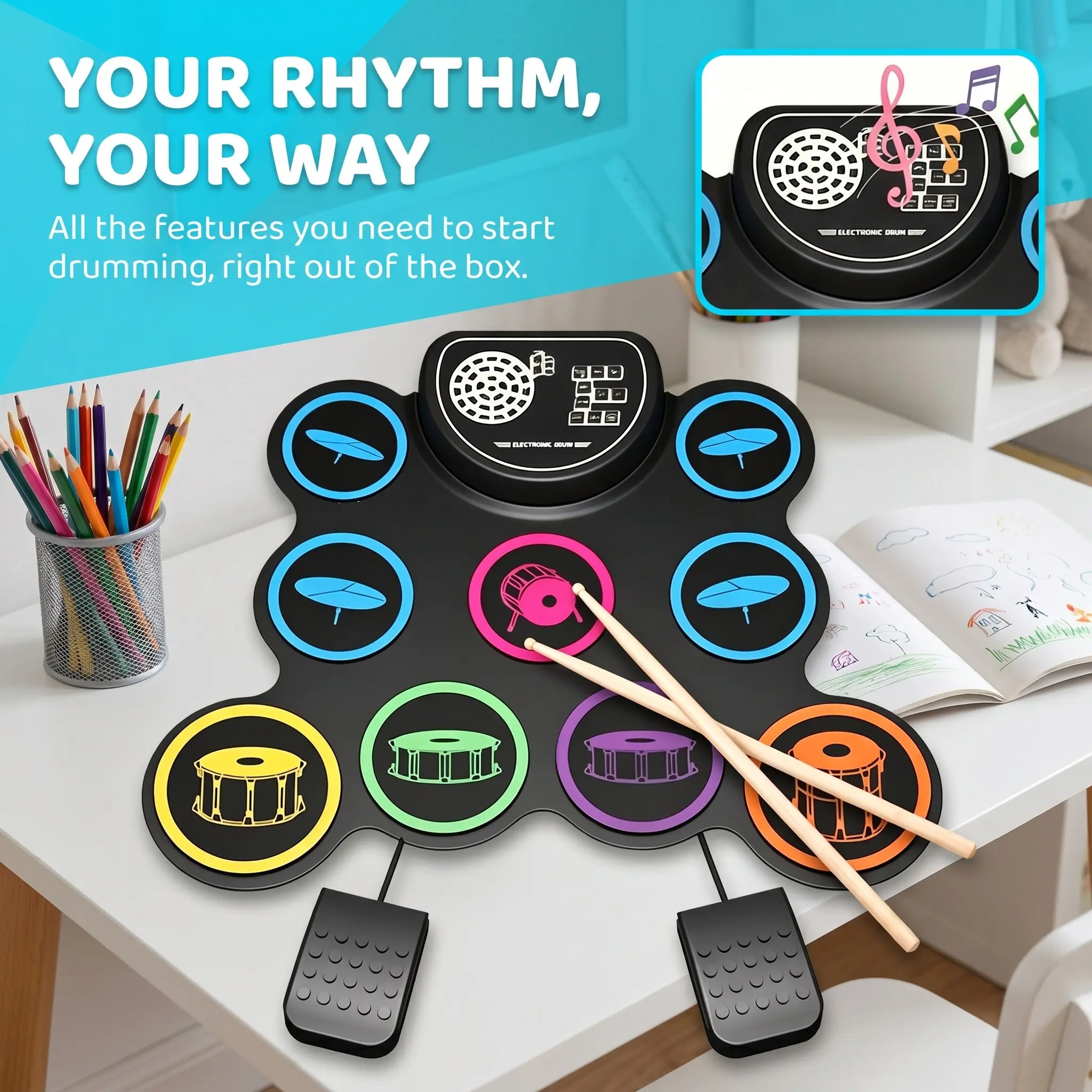 Portable electronic drum practice kit, Percussion, 9-pad rollable, in speaker and pedal, with headphone jack, children's drum set, electronic drum set, children's beginner silent practice gift, birthday gift