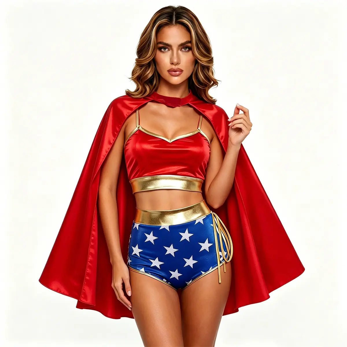 Women Hero Costumes, Gold Trim Spaghetti Strap Tops Star Mini Shorts and Red Cloak Set of 3 for Halloween Cosplay Party