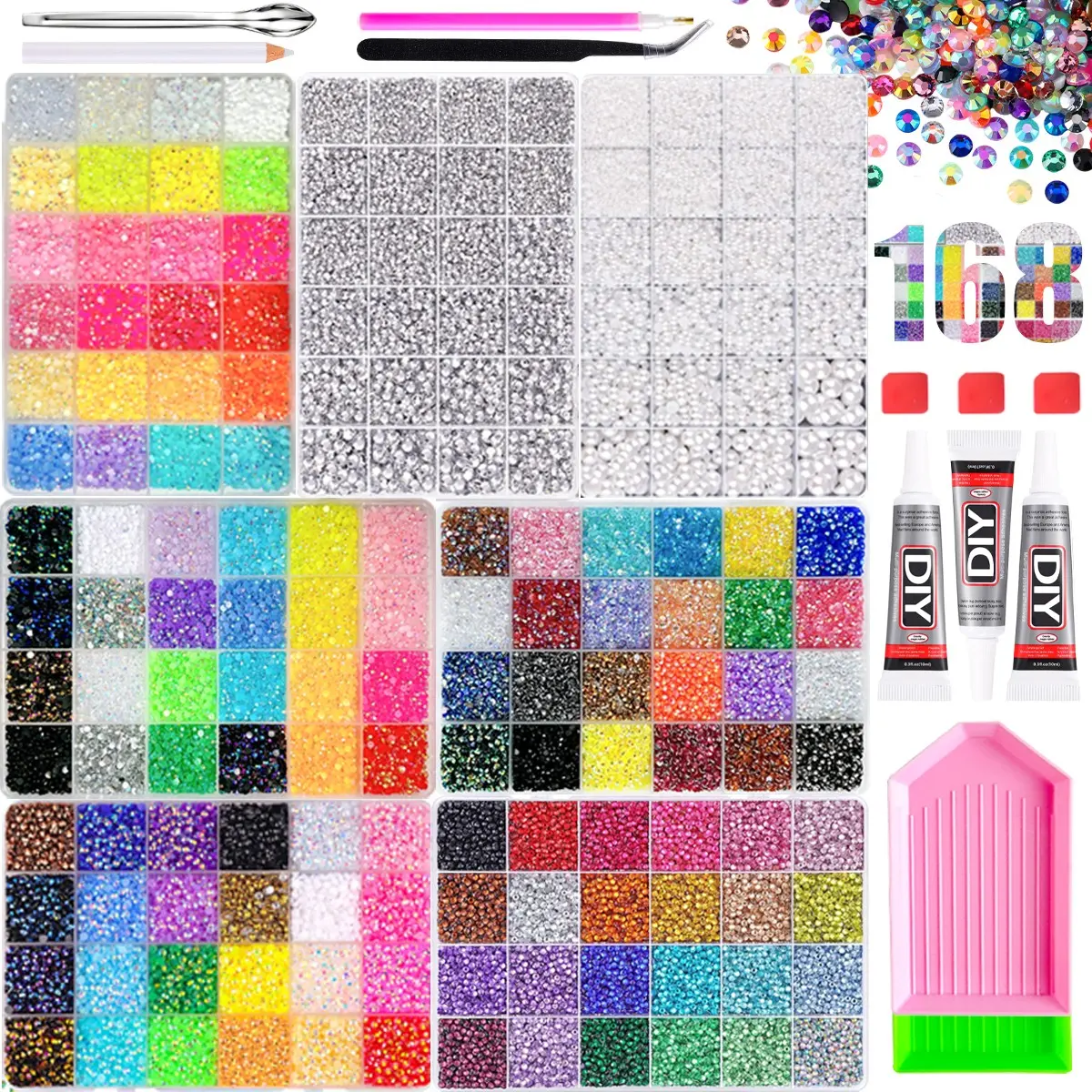 1Set 7Boxes 3D Novelty Dopamine Colored Mini Flatback Nail Rhinestones Charms Bling Rhinestone 168 Colors Simulated Glossy Semi-circular Pearl Resin Nail Diamond Mixed Nail Bedazzling Kit DIY Decorative Crafts Nails Accessories