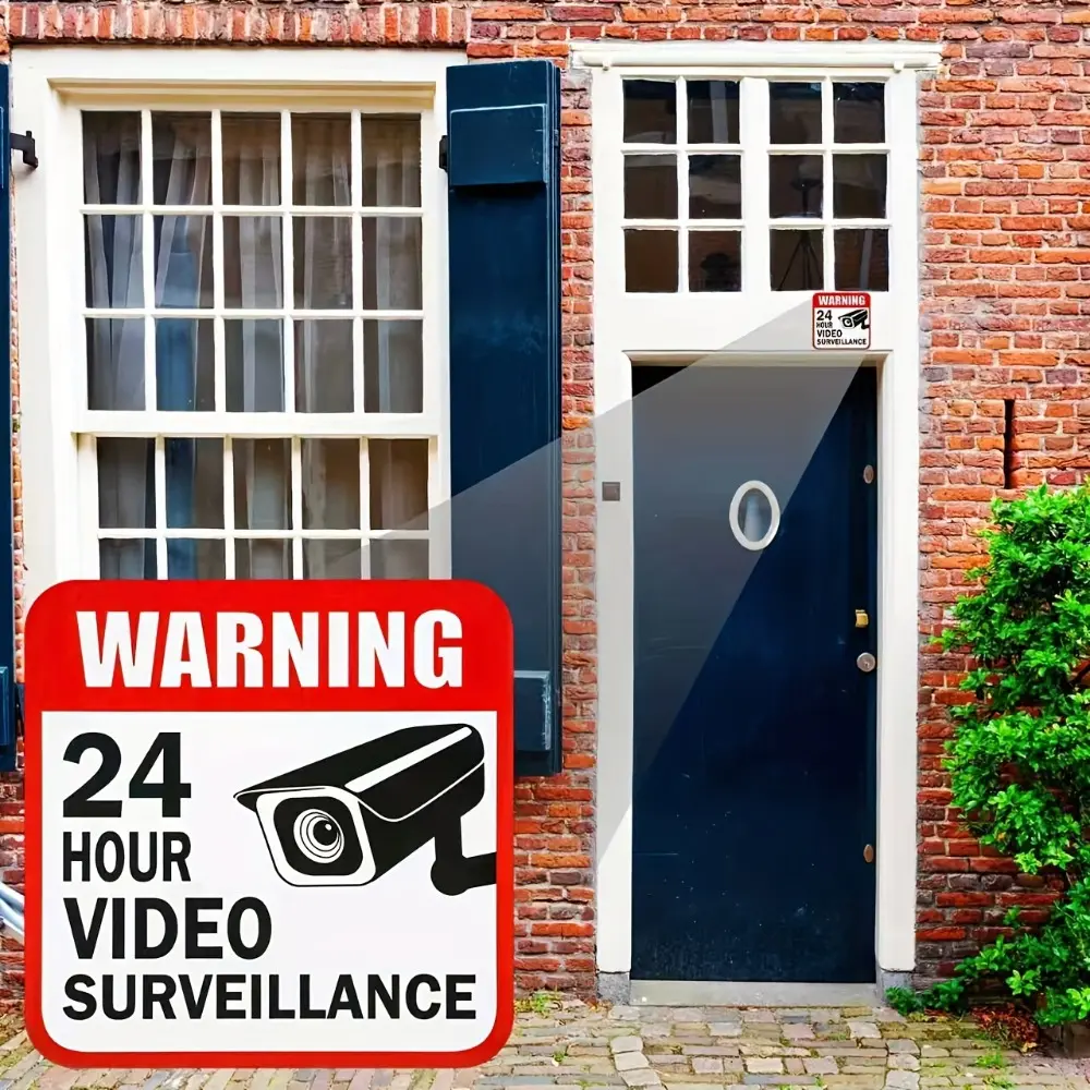 4pcs 3.93-inch 24-Hour Surveillance Warning Stickers - Home Security Door & Window Labels, Suitable for Stores & Convenience Stores - Anti-Theft Surveillance Stickers