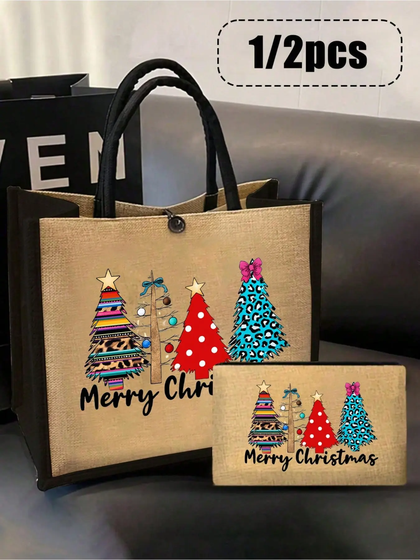 Christmas-Themed Linen Handbag Set, Large Capacity, Personalized Gift Bag, Commuter & Makeup Pouch, Ideal for Holidays & Gifts
