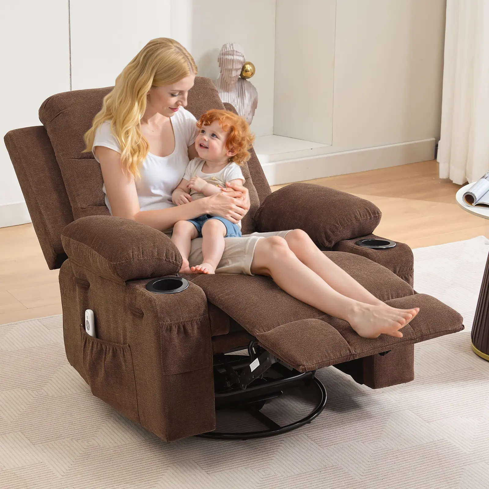 Swivel Rocker Recliner Chair with Heat and Massage - 360 Degree Swivel Rocking Massage Recliner with Cup Holders, Side Pockets, 400 Lbs for Nursery Living Room