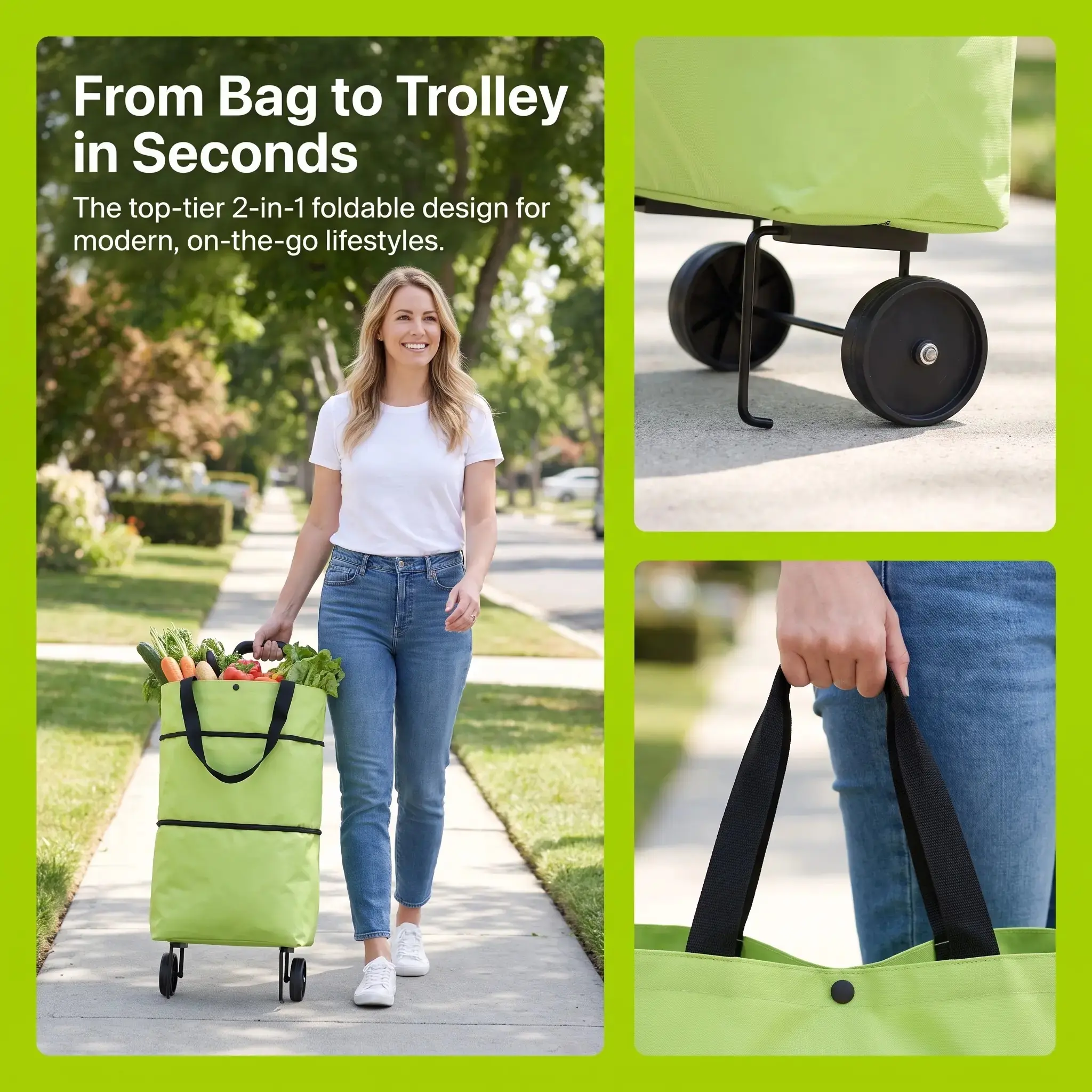 Foldable Shopping Trolley Bag, Heavy Duty Oxford Cloth, Silent Glide Wheels, Zipper Expandable Reusable Rolling Tote for Grocery Shopping, Travel, Lime Green with Black Trim