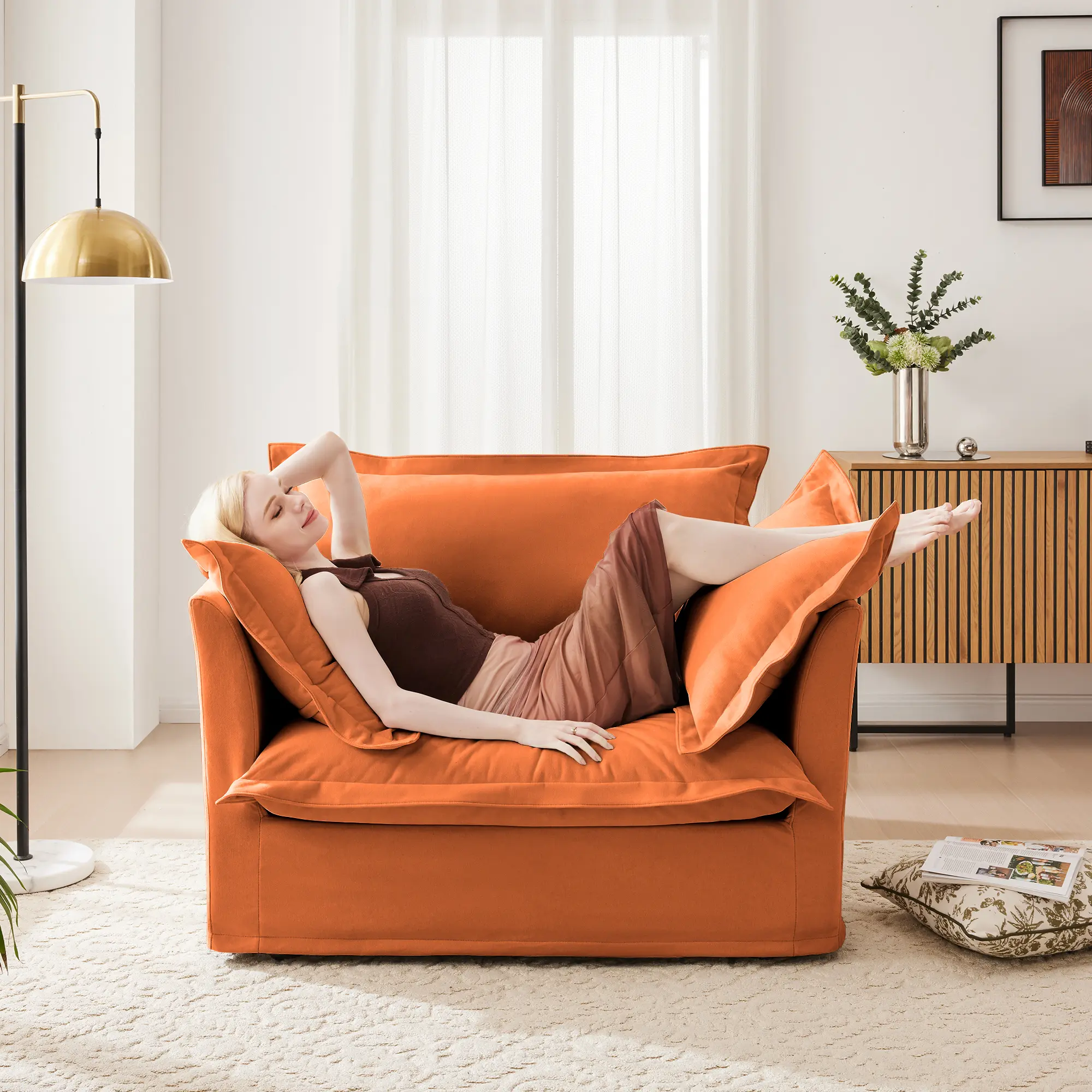 ARCH Chenille Slip-covered Single Seat Armchair - Oversized Back Cushion, 2 Toss Pillows, Deep Seat Indoor Living Room Accent Furniture, Orange Cozy Apartment Lounge Reading Chair