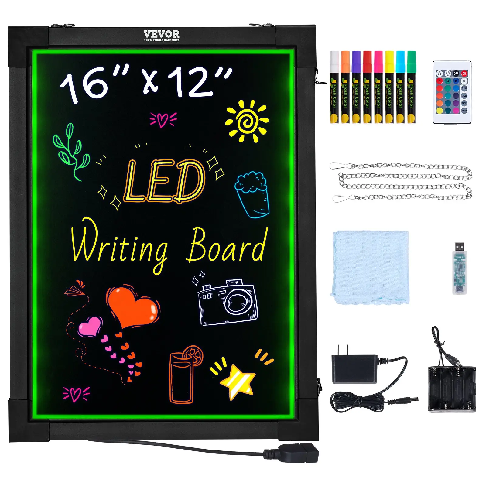 【DealsForYouDays】VEVOR LED Message Writing Board, 16"x12" Illuminated Erasable Lighted Chalkboard, Neon Effect Menu Sign Board, Drawing Board with 8 Fluorescent Chalk Markers and Remote Control, for Home Wedding Shop