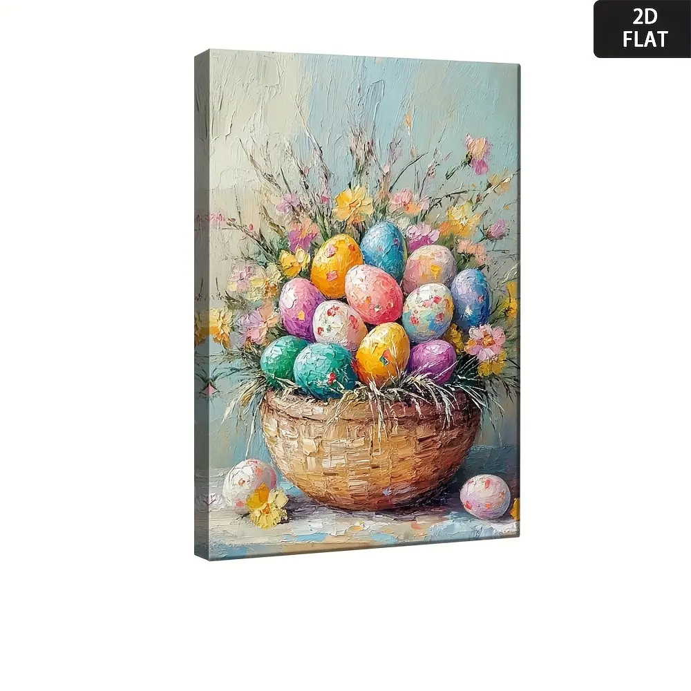 2D Flat, Rustic Farmhouse Easter Eggs and Flowers Canvas Painting - Pastel Spring Wall Decor with Wooden Frame, Easter Basket Floral Art in Soft Pastel Colors (Pink, Yellow, Green, Brown) - Ready-to-Hang Kitchen, Living Room, Bedroom