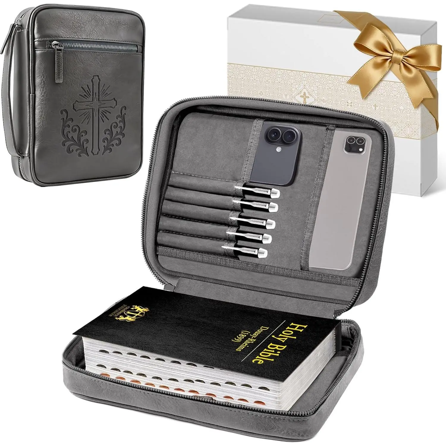 Vegan Leather Bible Storage Case for Christian Users, Men's Desk Organizer with Durable Handle, Full-Zip Closure, Multiple Pockets, Church Carry Bag for Prayer Meetings, Father's Day Gift for Dad, Standard/Large