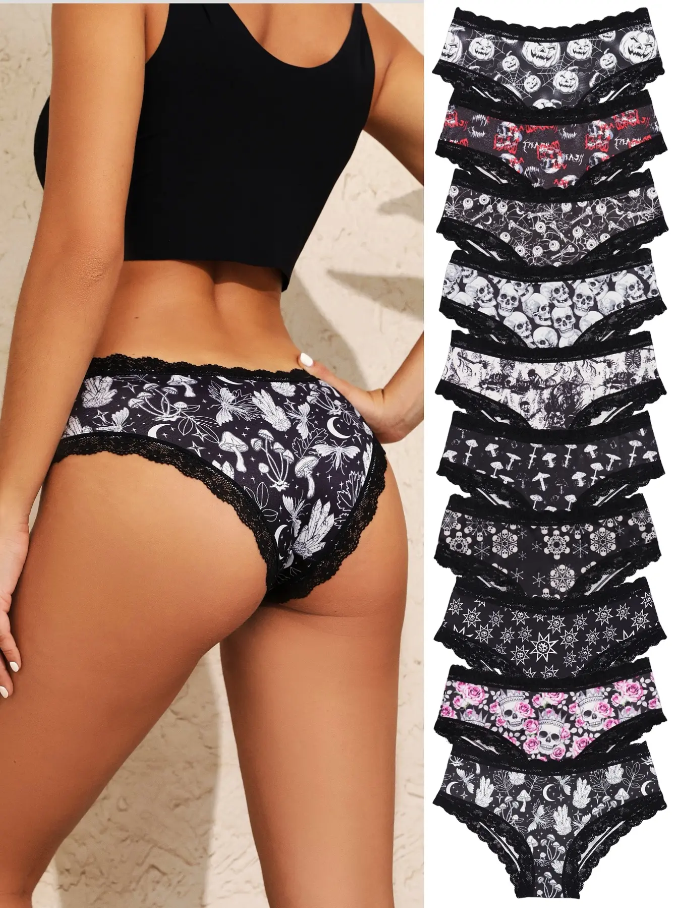 10-Pack Halloween Gothic Women's Lace Trim Panties Set, Fashion Print, Comfortable Elastic Fabric, Sexy Fitted Underwear, All Seasons