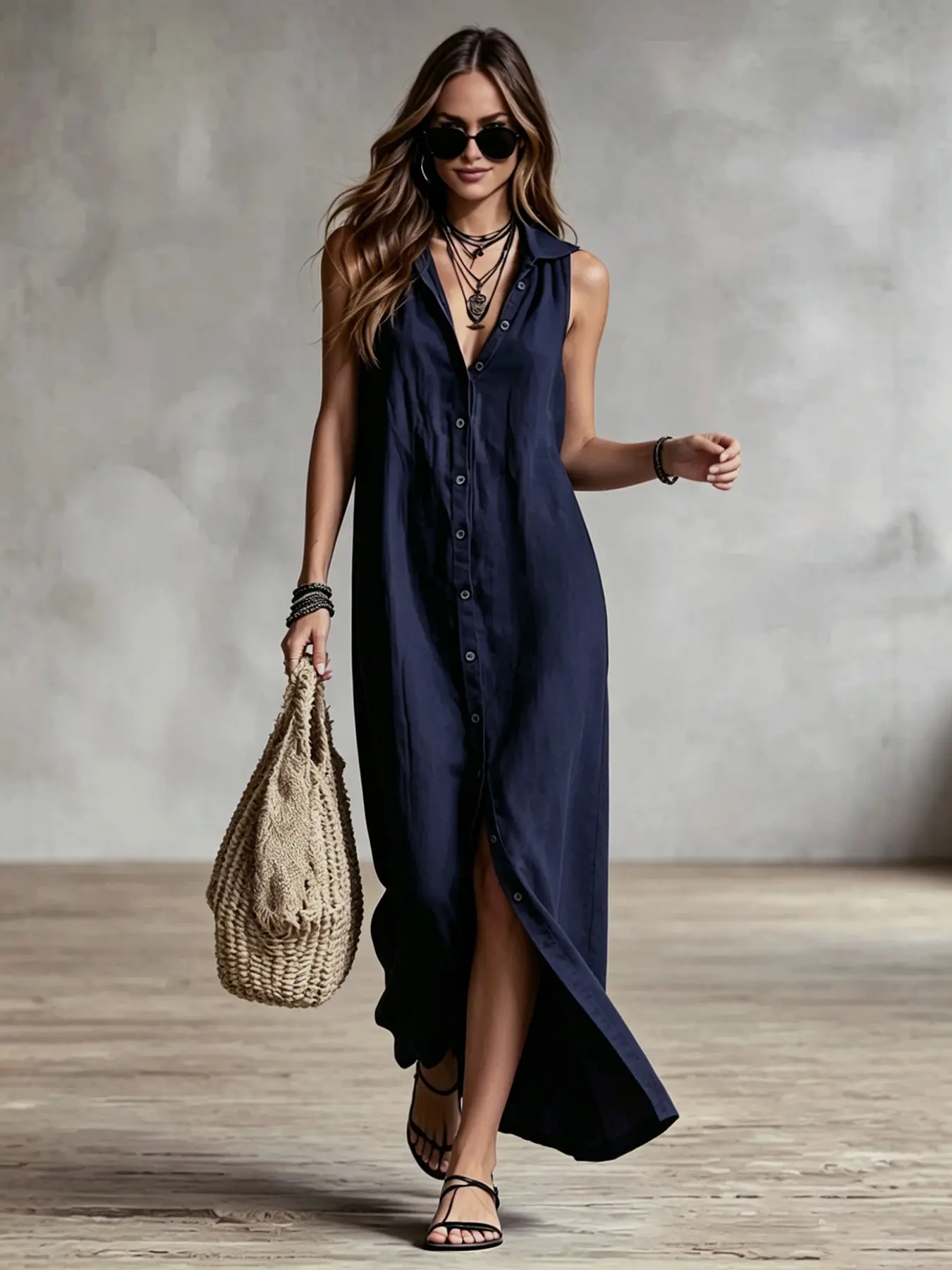 A ladies' elegant style hooded sleeveless long dress with a full open front and single row decorative buckle hanging loose, suitable for summer, beach camping, shopping, afternoon tea dates, urban daily commuting