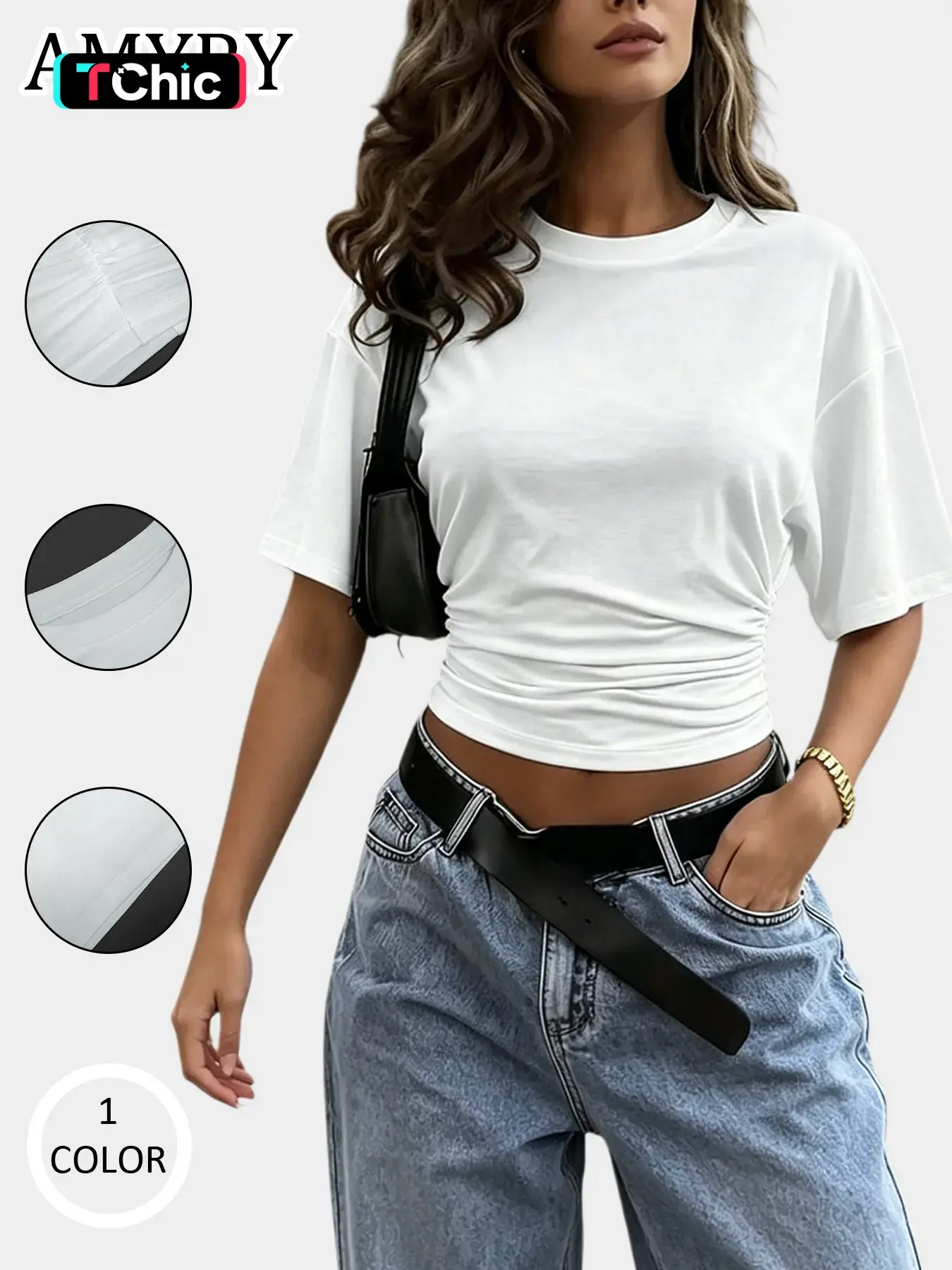 Women's Solid Color Simple Round Neck Short Sleeve T-Shirt, Spring Summer Casual Loose Fit Waist Cinch Slimming Top, European Style