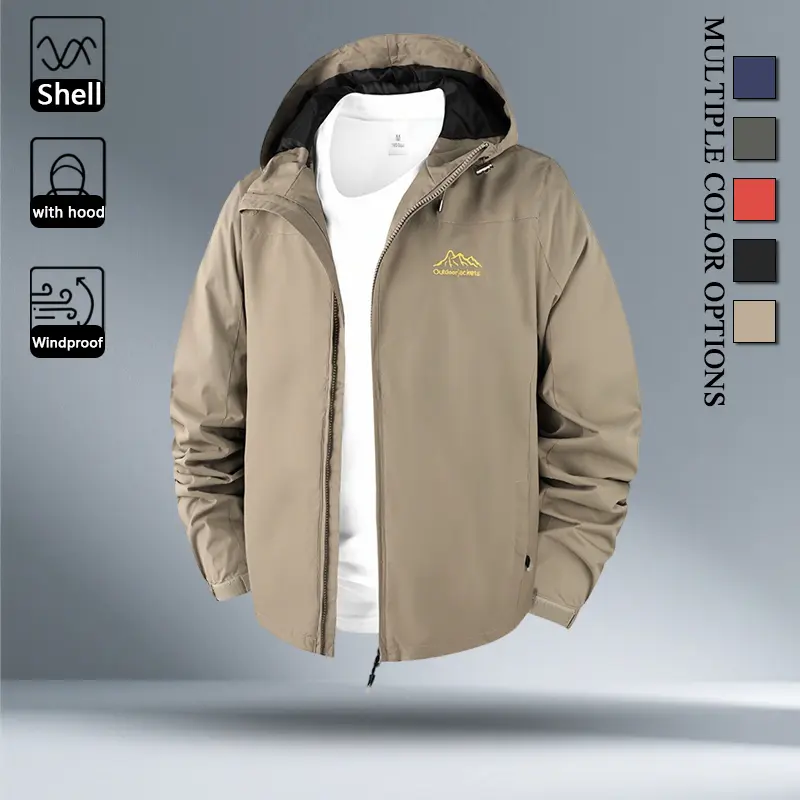 Lightweight Outdoor Windbreaker for Men, Removable Adjustable Drawstring Hood Smooth Windproof Fabric Mountain Logo Print, Relaxed Fit Casual Outer Layer for Daily Jogging Fishing