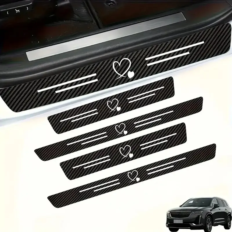 4Pcs Heart Print Carbon Fiber Car Door Sill Protector Stickers, Scratch Resistant Auto Threshold Guards, Universal Easy Install Interior Decor Decals