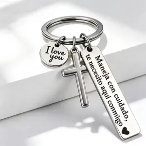 Maneja Con Cuidado Te Necesito Aquí Conmigo Keychain with Cross & "I Love You" Charm, Spanish Drive Safe Stainless Steel Keyring, Romantic Religious Gift for Him/Her Adjustable Heart Rate Couples Bracelet Set