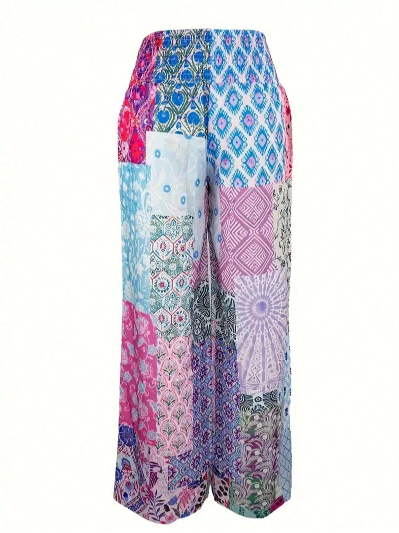 Plus Size Patchwork Print Plicated Shirred Wide Leg Pants, Casual Lounge Pants, Boho Casual High Waist Trousers, Casual Bohemian Trousers for Daily Vacation Holiday Wear, Women's Bottoms for All Seasons