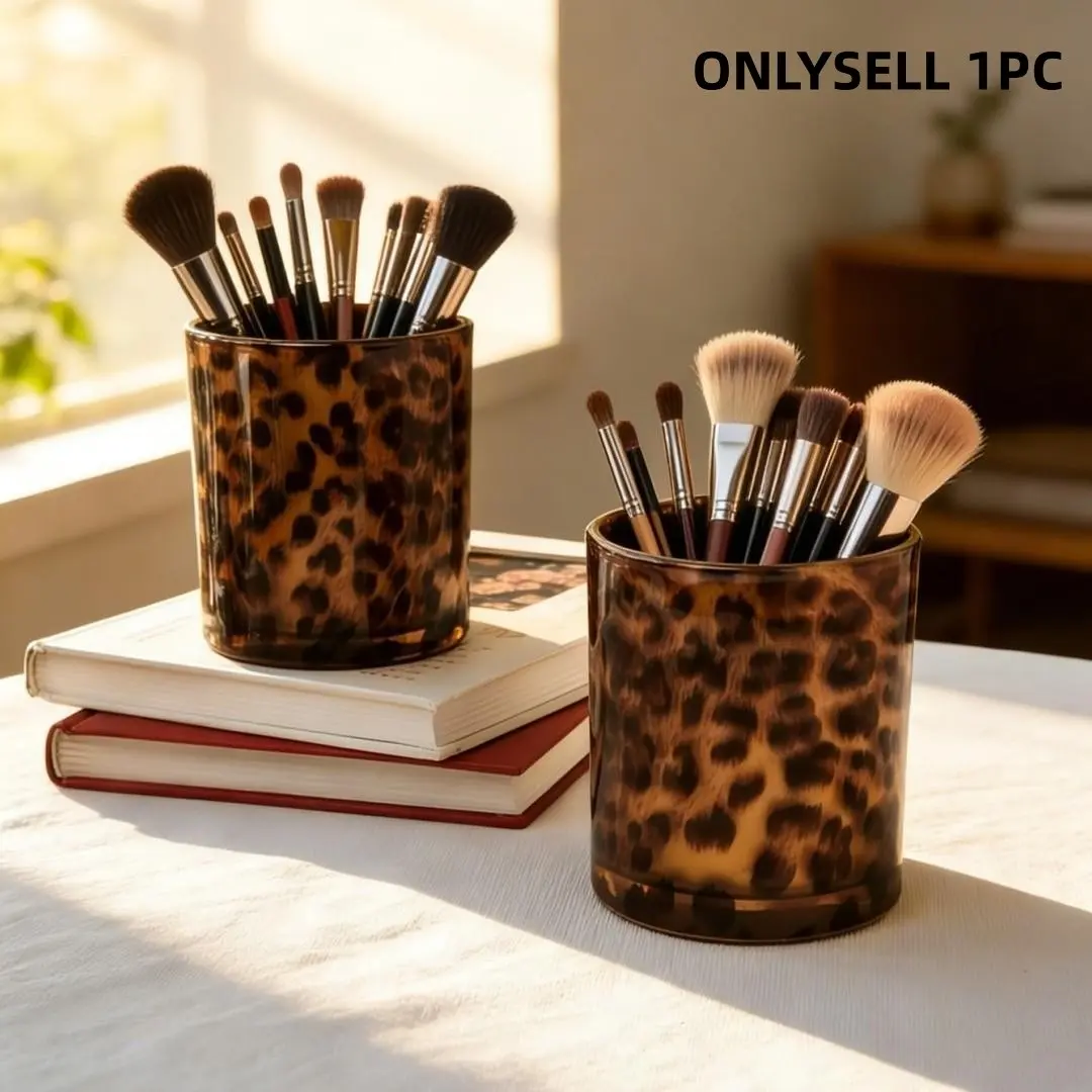 Vintage Leopard Print Glass Storage Jar, Makeup Brush Holder, Cosmetic Organizer, Lipstick and Eyeliner Organizer, Decorative Storage Organizers, Desktop Decorative Item, Cosmetic Organiser