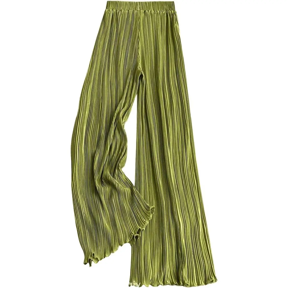 Women's Satin High-Waisted Stripe Plisse Bottoms - Flowy Wide-Leg Silk Fabric Trousers for Dressy Elegance, Casual Wear, Comfortable