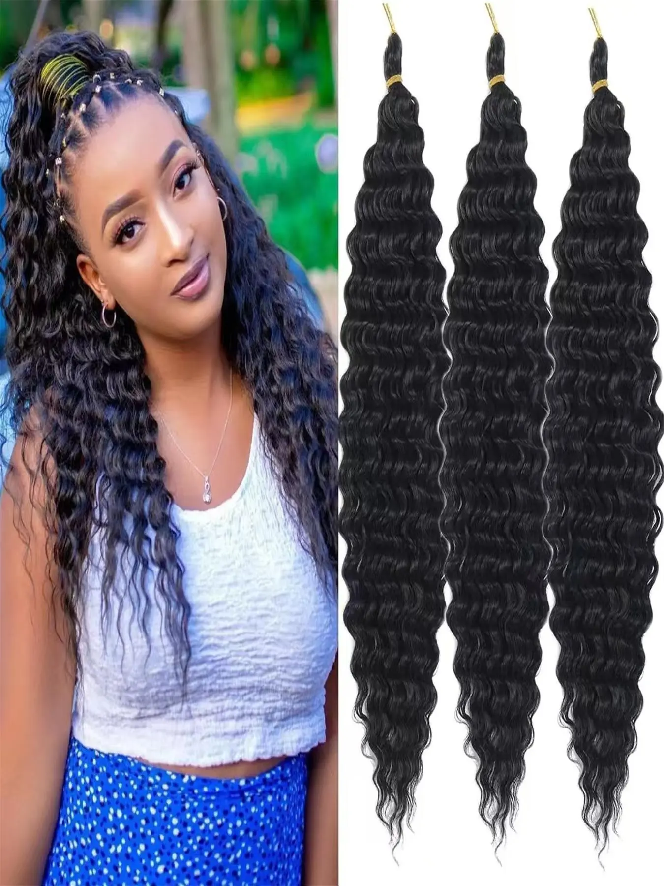 3 Pack Deep Wave Kinky Curly Hair Extensions, Medium Length Synthetic Hair Bundles, Gradient Twist Braided Hair Pieces, 22 Inches